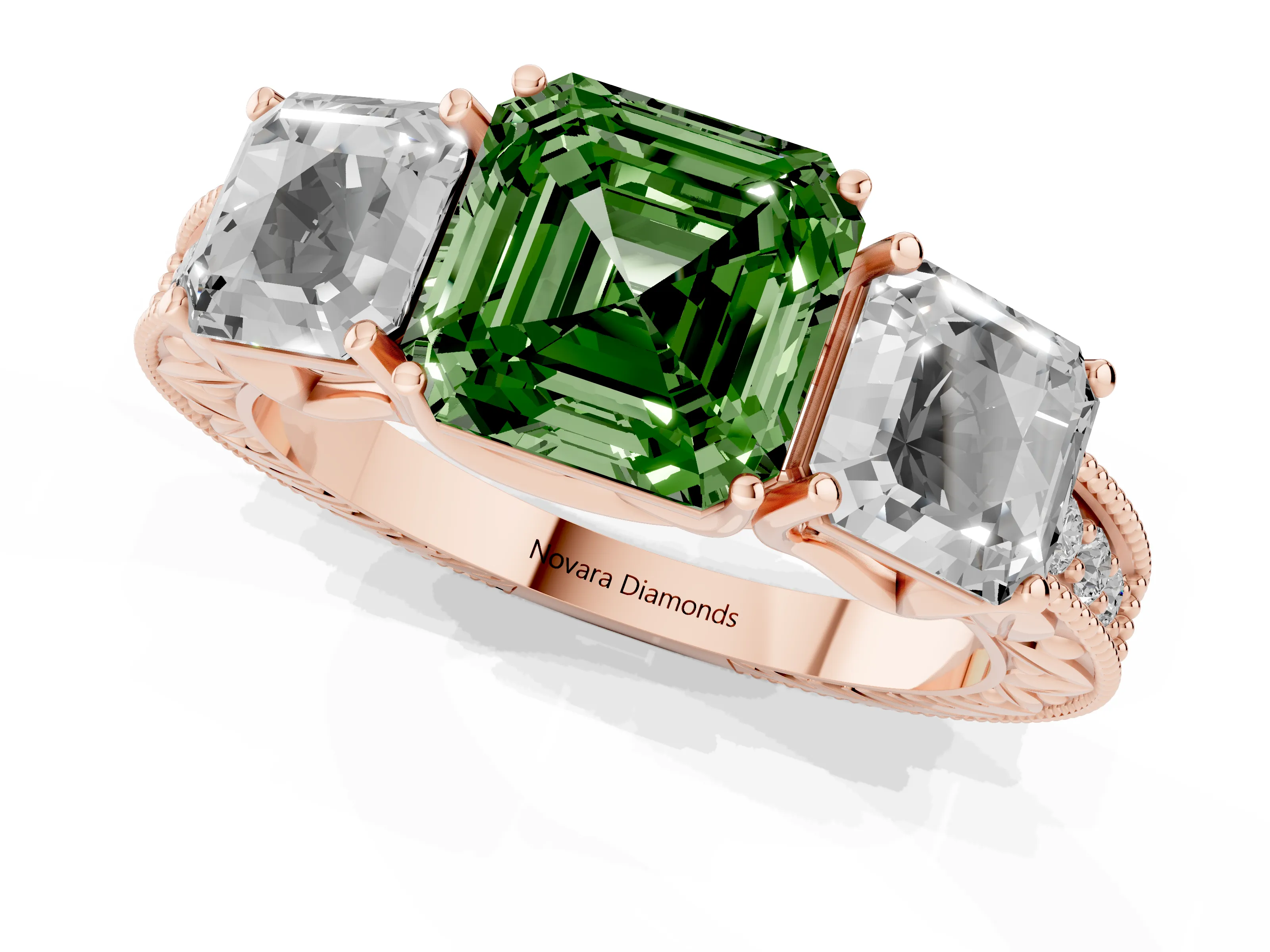 Fancy Green Asscher Cut Diamond Three-Stone Engagement Ring Set in Rose gold with Milgrain Pavé Band