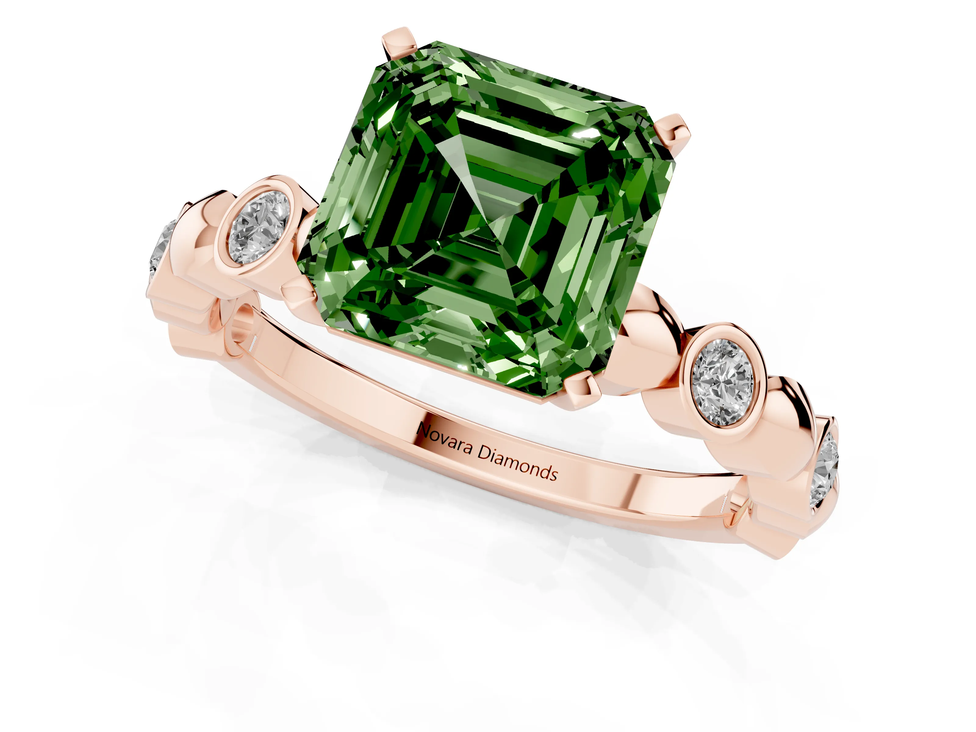 Fancy Green Asscher Cut Diamond Solitaire Ring Set in Rose gold with Bezel-Set Accents on Beaded Band and Prong Setting