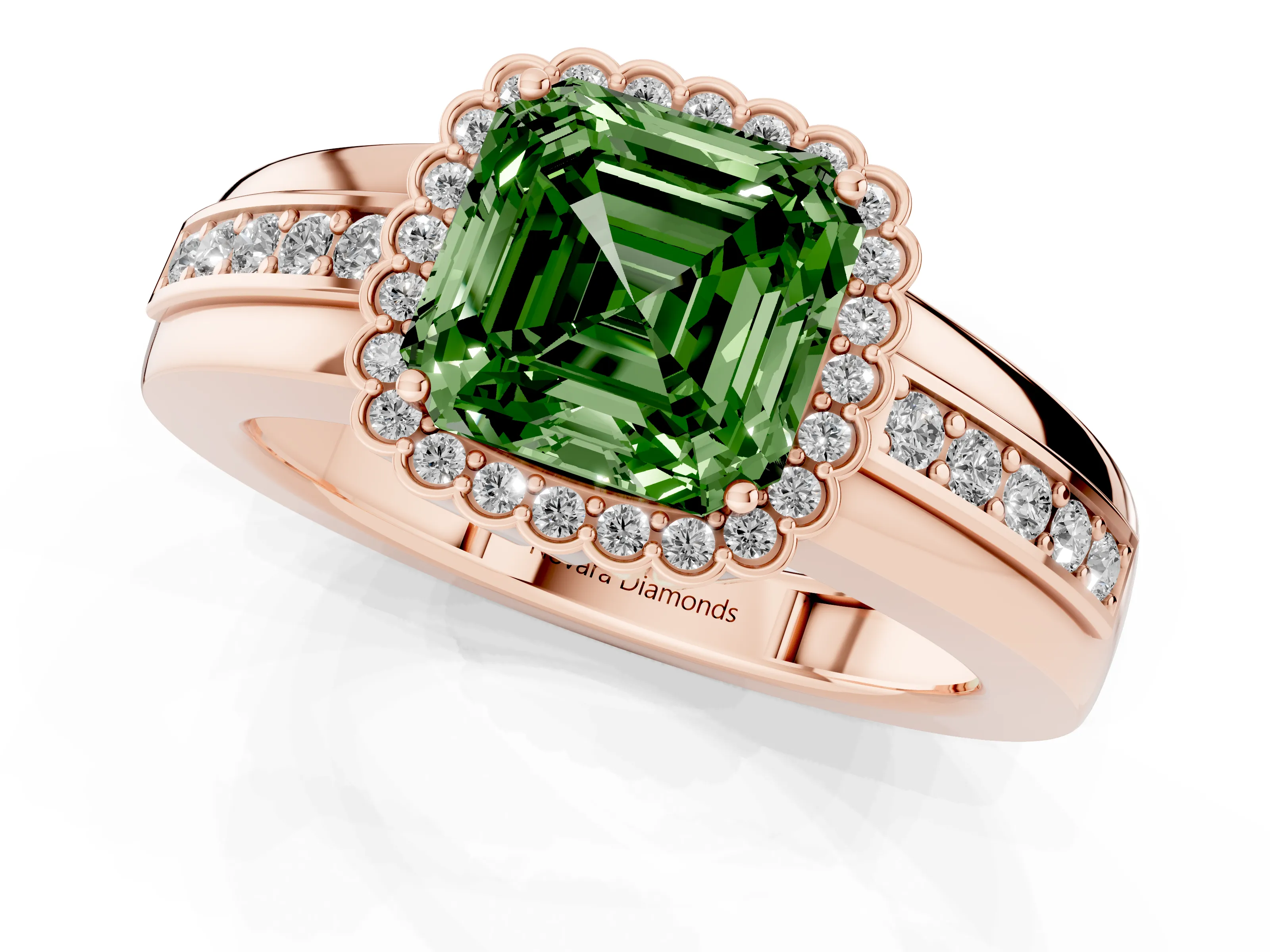 Fancy Green Asscher Cut Diamond Halo Prong Ring Set in Rose gold with Pavé Band