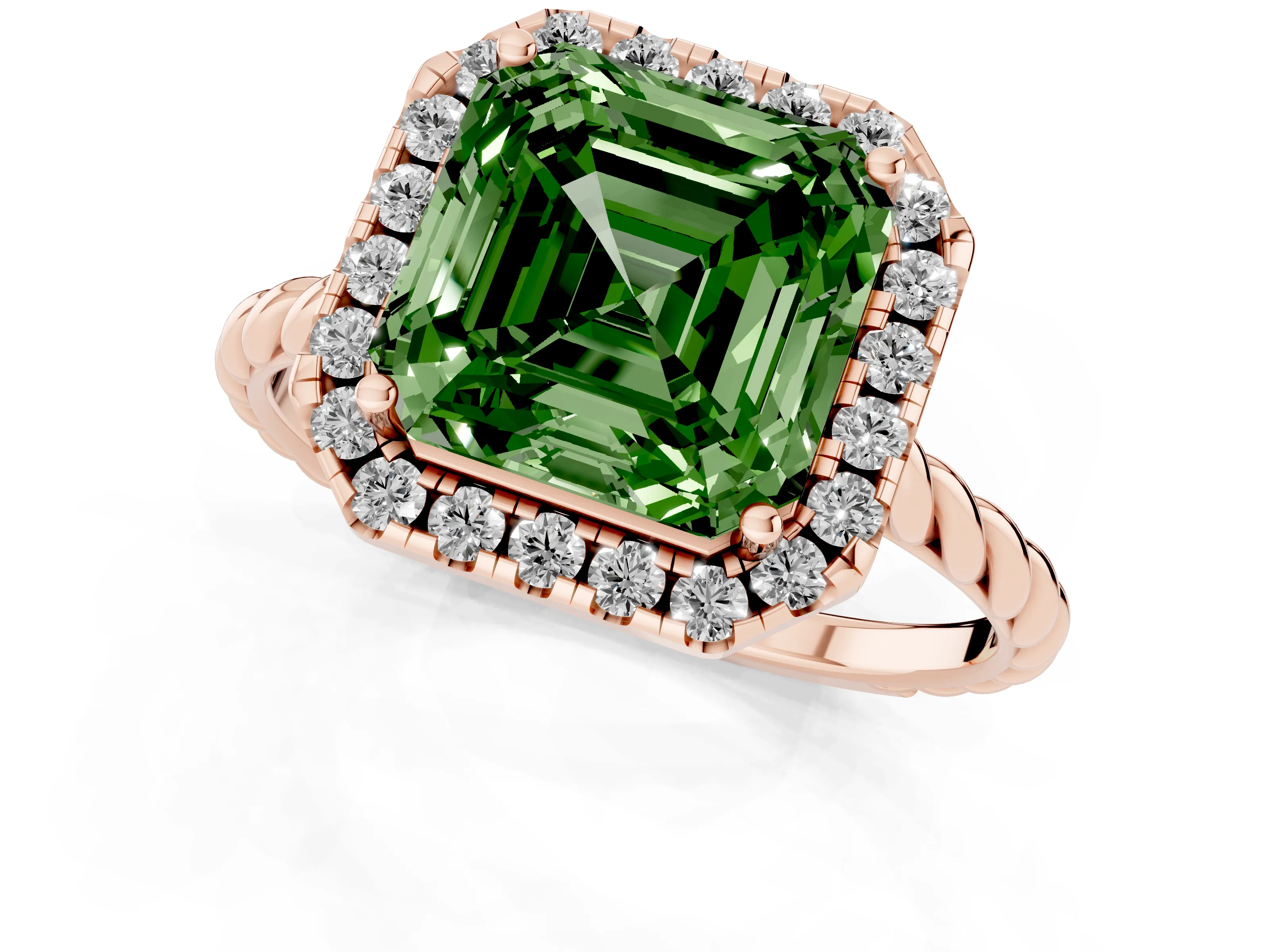 Fancy Green Asscher Cut Diamond Halo Ring Set in Rose gold with Plain Twisted Band