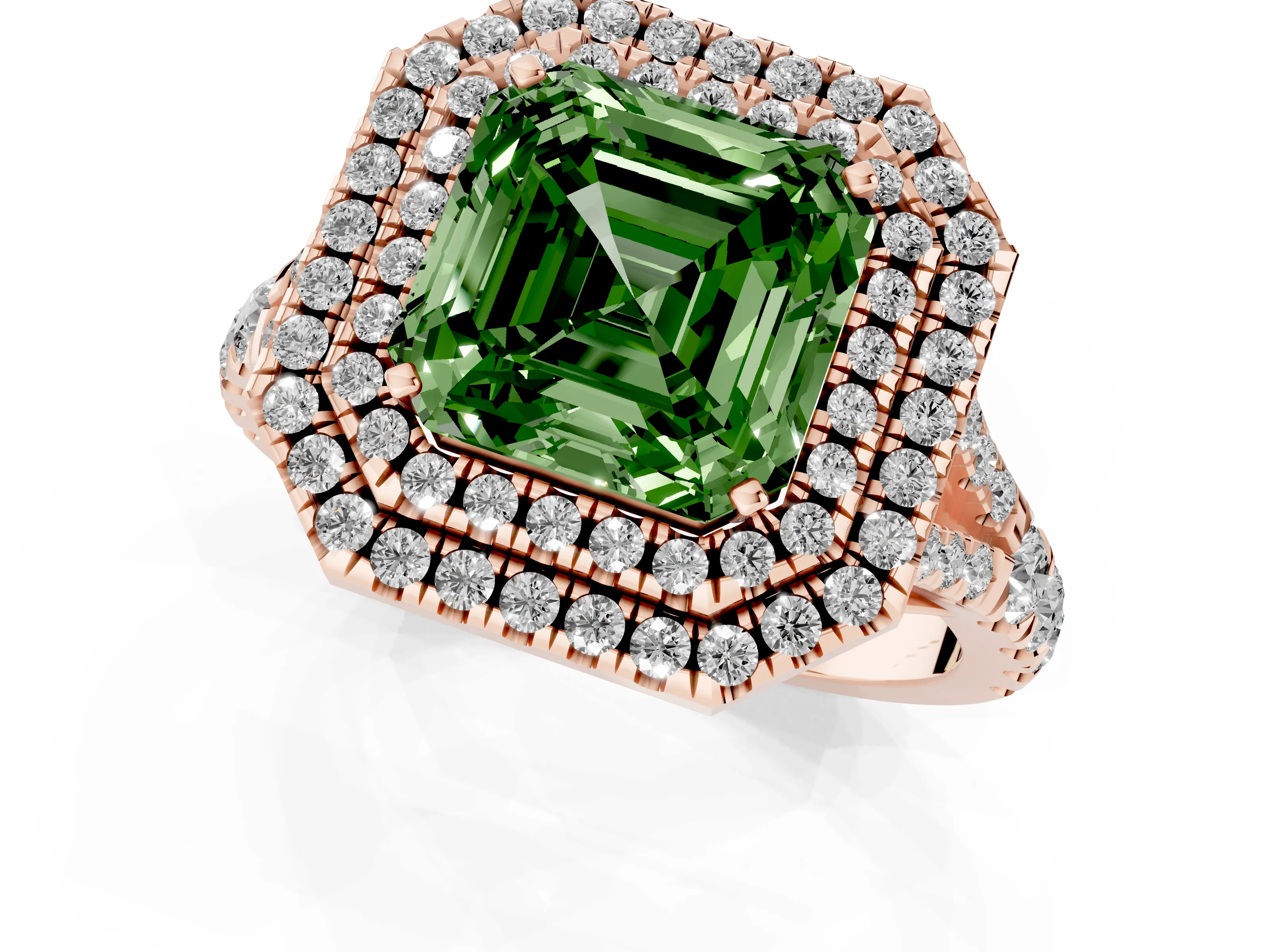 Fancy Green Asscher Cut Diamond Pavé Split Shank Double Halo Engagement Ring Set in Rose gold