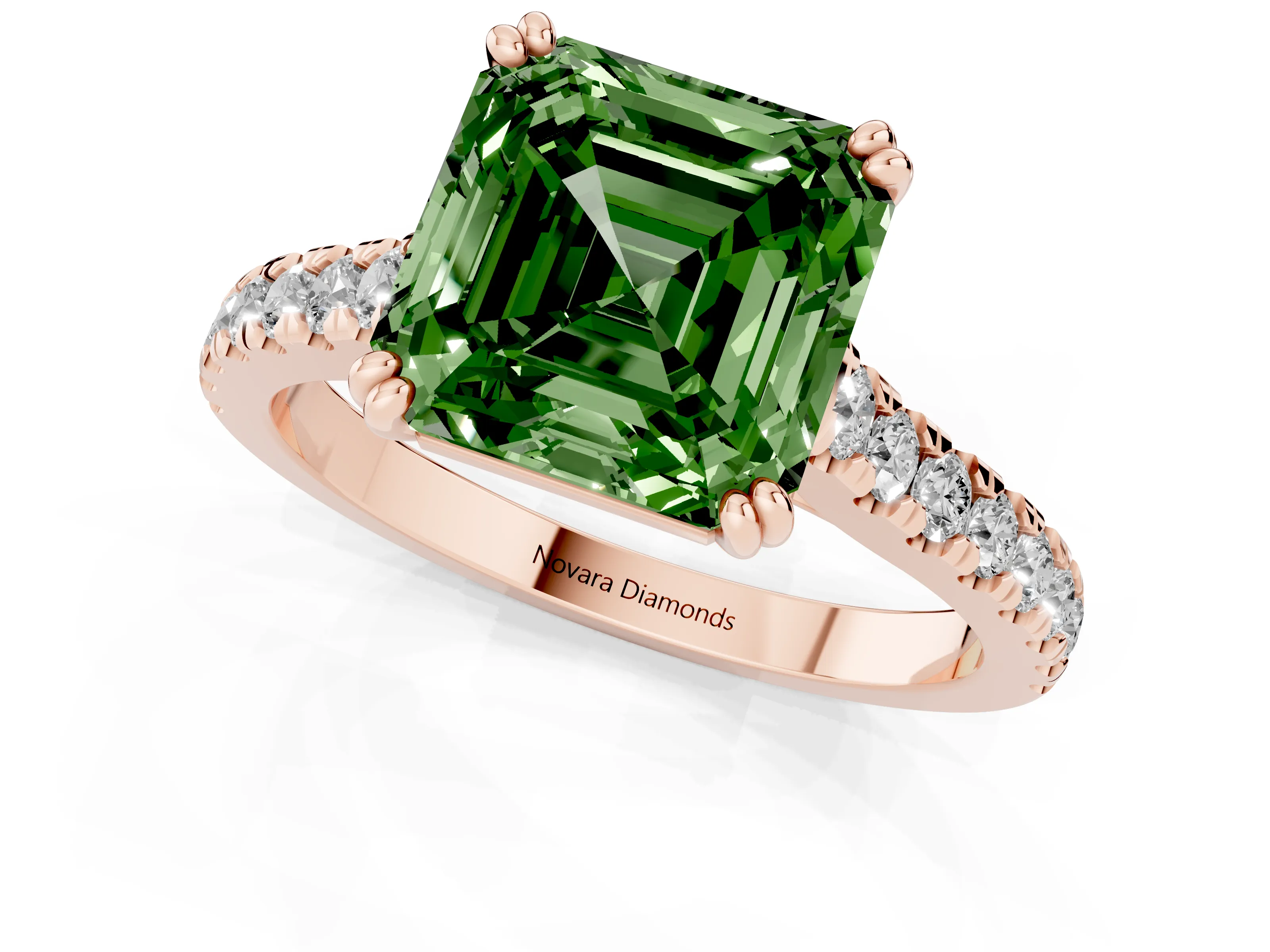 Fancy Green Asscher Cut Diamond Solitaire Engagement Ring Set in Rose gold with Pavé Accents and Prong Setting