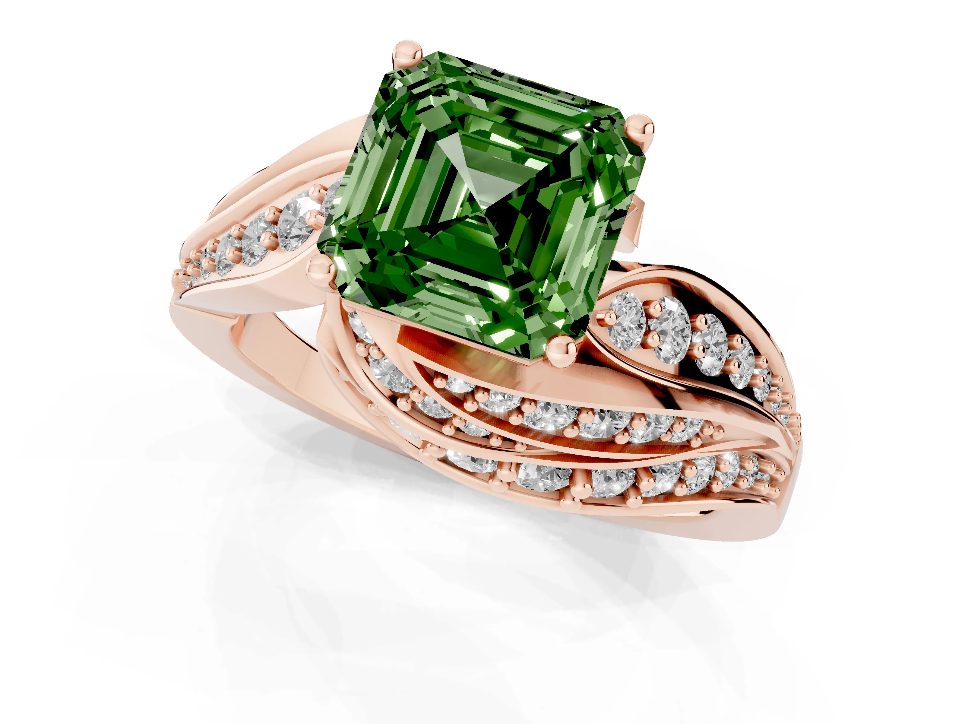 Fancy Green Asscher Cut Diamond Solitaire Ring Set in Rose gold with Layered Twist Pavé Band