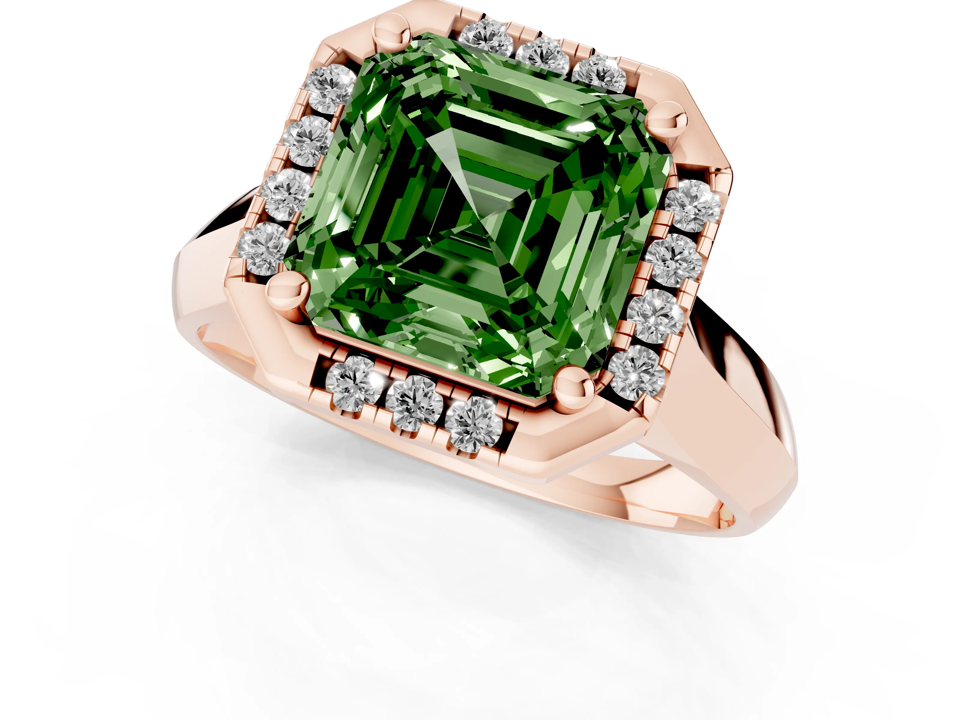 Fancy Green Asscher Cut Diamond Halo Solitaire Engagement Ring Set in Rose gold with Square Band and Prong Setting