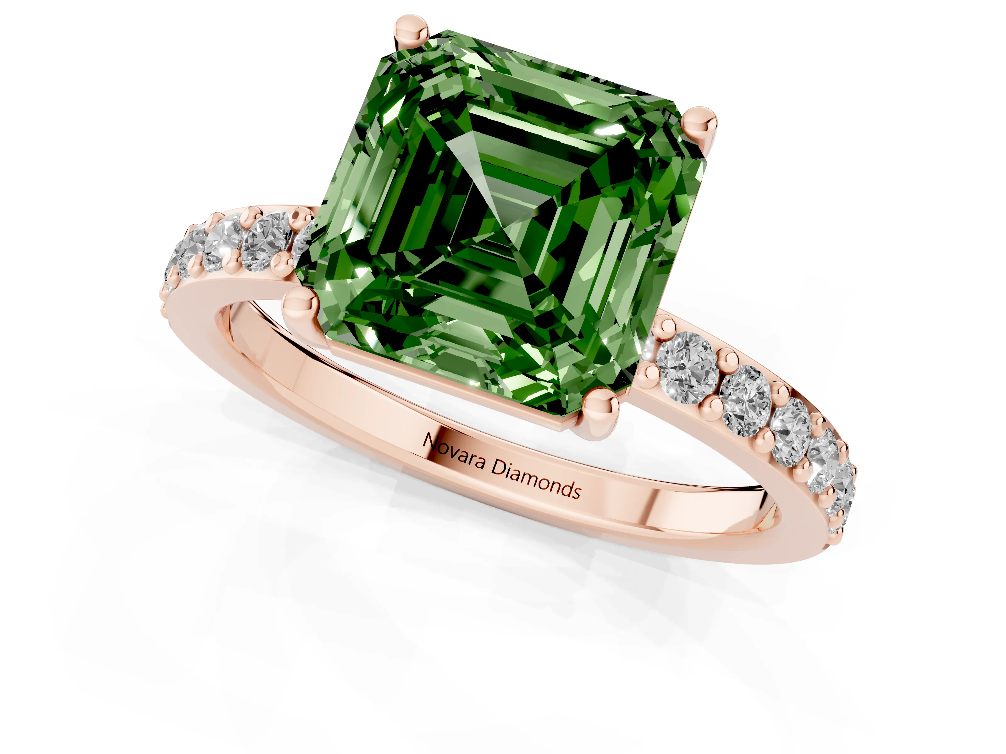 Fancy Green Asscher Cut Diamond Solitaire Set in Rose gold with Round Pavé Band and Prong Setting