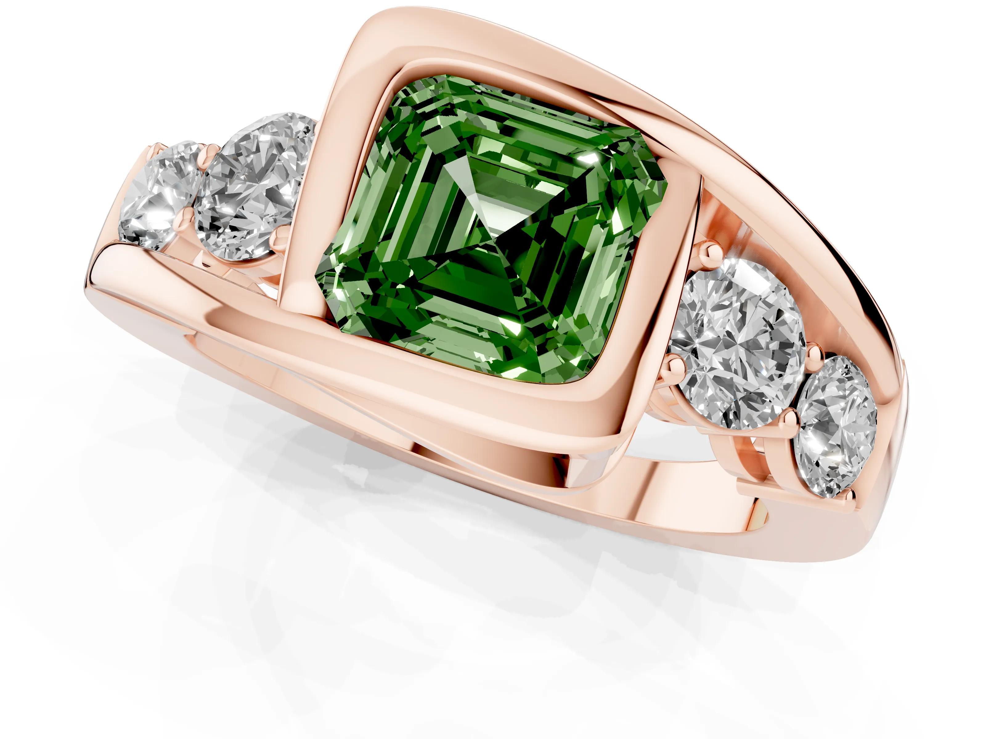 Fancy Green Asscher Cut Diamond Bezel Bypass Ring Set in Rose gold with Round Accents