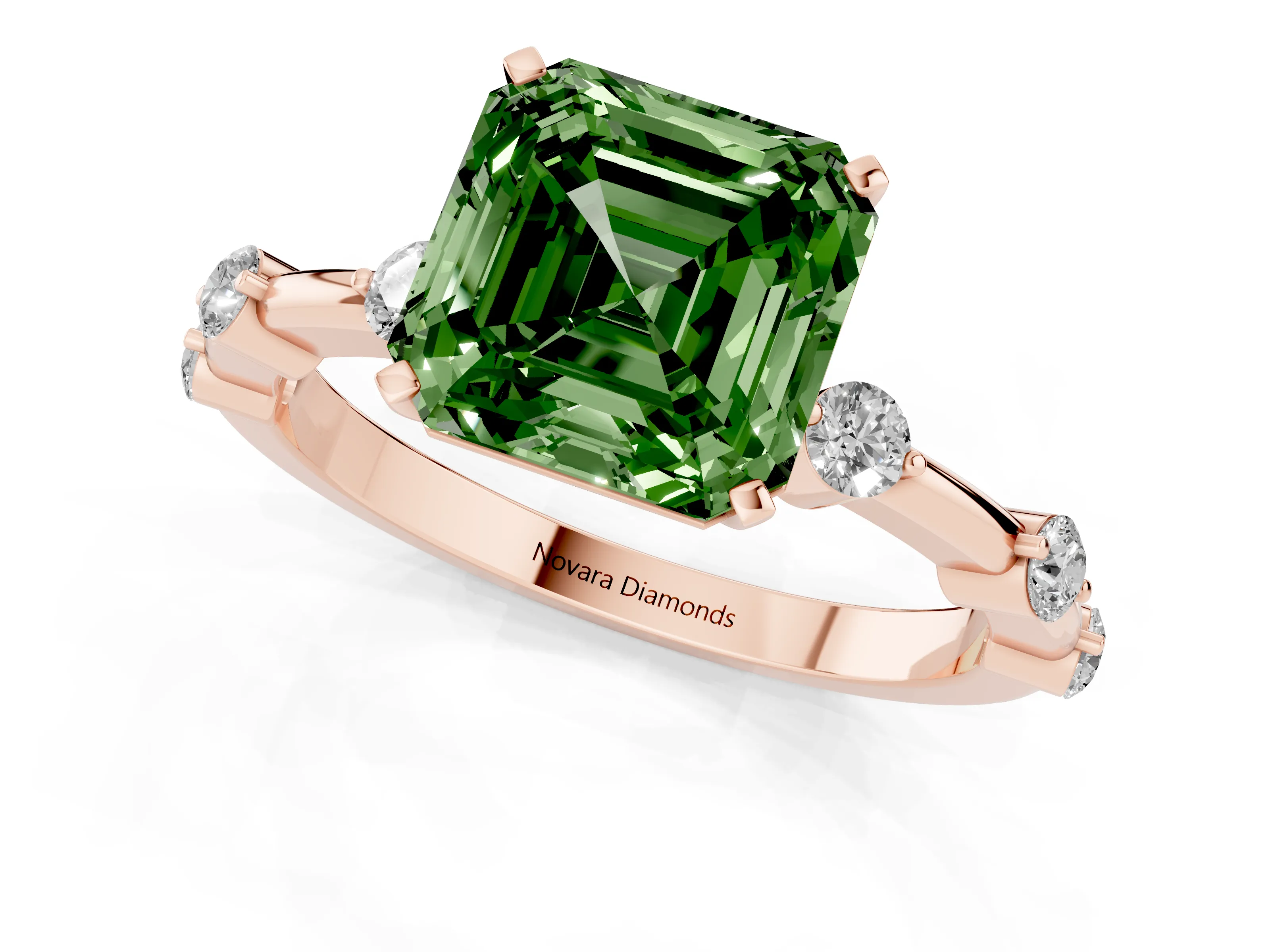 Fancy Green Asscher Cut Diamond Solitaire Ring Set in Rose gold with Bezel Set Side Stones and Prong Setting
