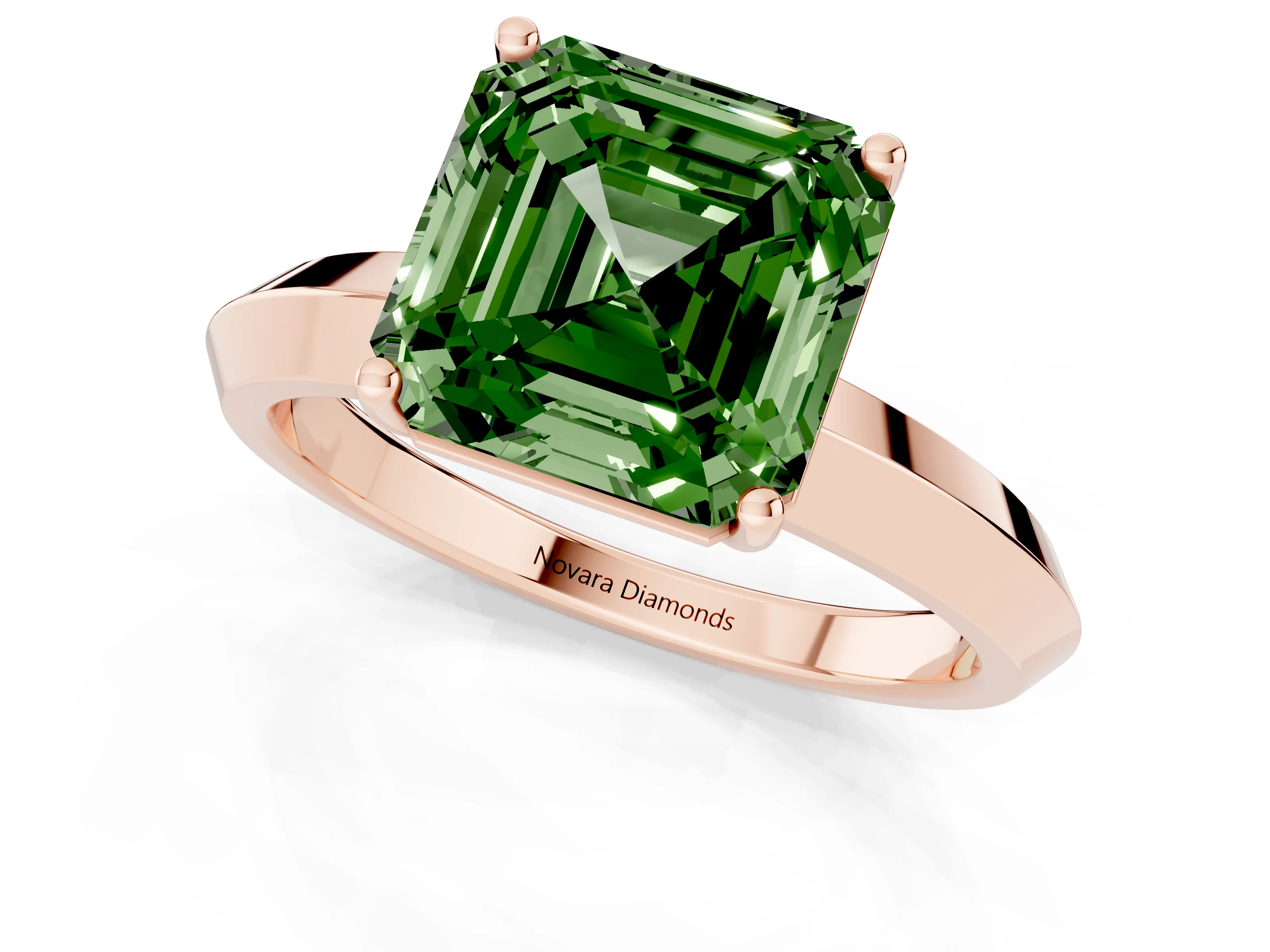 Fancy Green Asscher Cut Diamond Solitaire Engagement Ring Set in Rose gold with Flat Band and Prong Setting