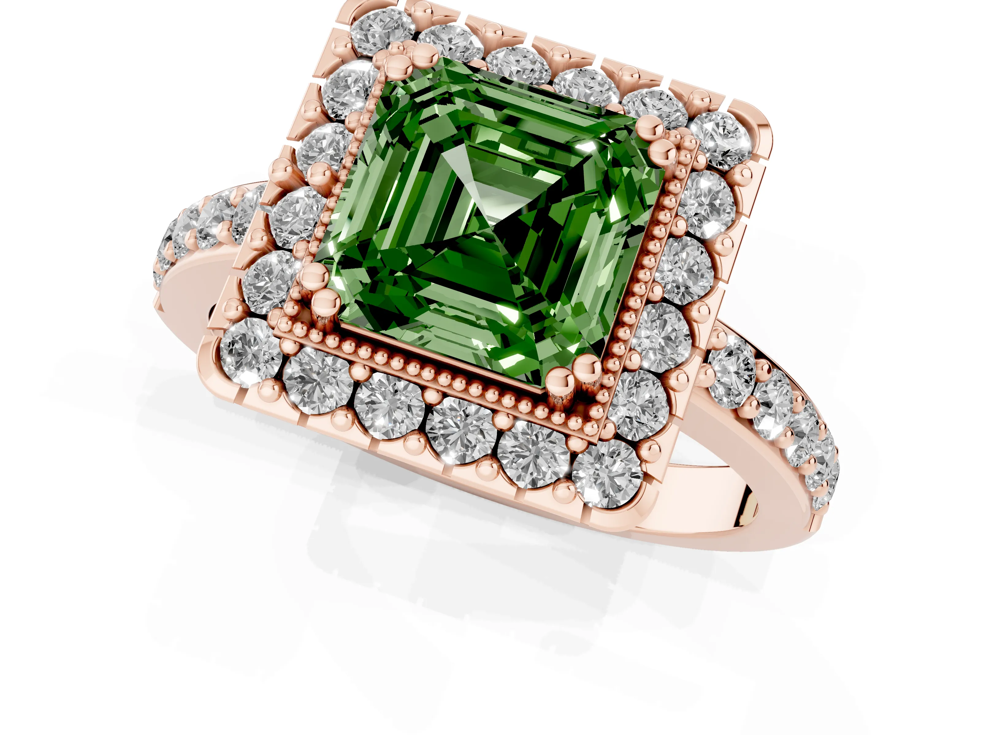 Fancy Green Asscher Cut Diamond Halo Ring Set in Rose gold with Pavé Shank and Prong Setting