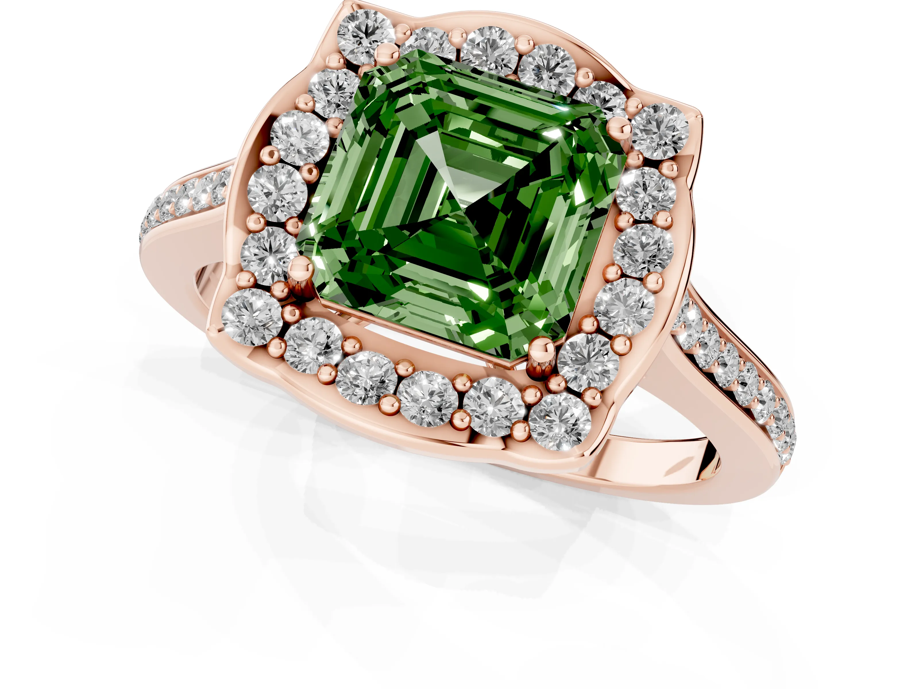 Fancy Green Asscher Cut Diamond Halo Ring Set in Rose gold with Pavé-Lined Shoulders and Prong Setting