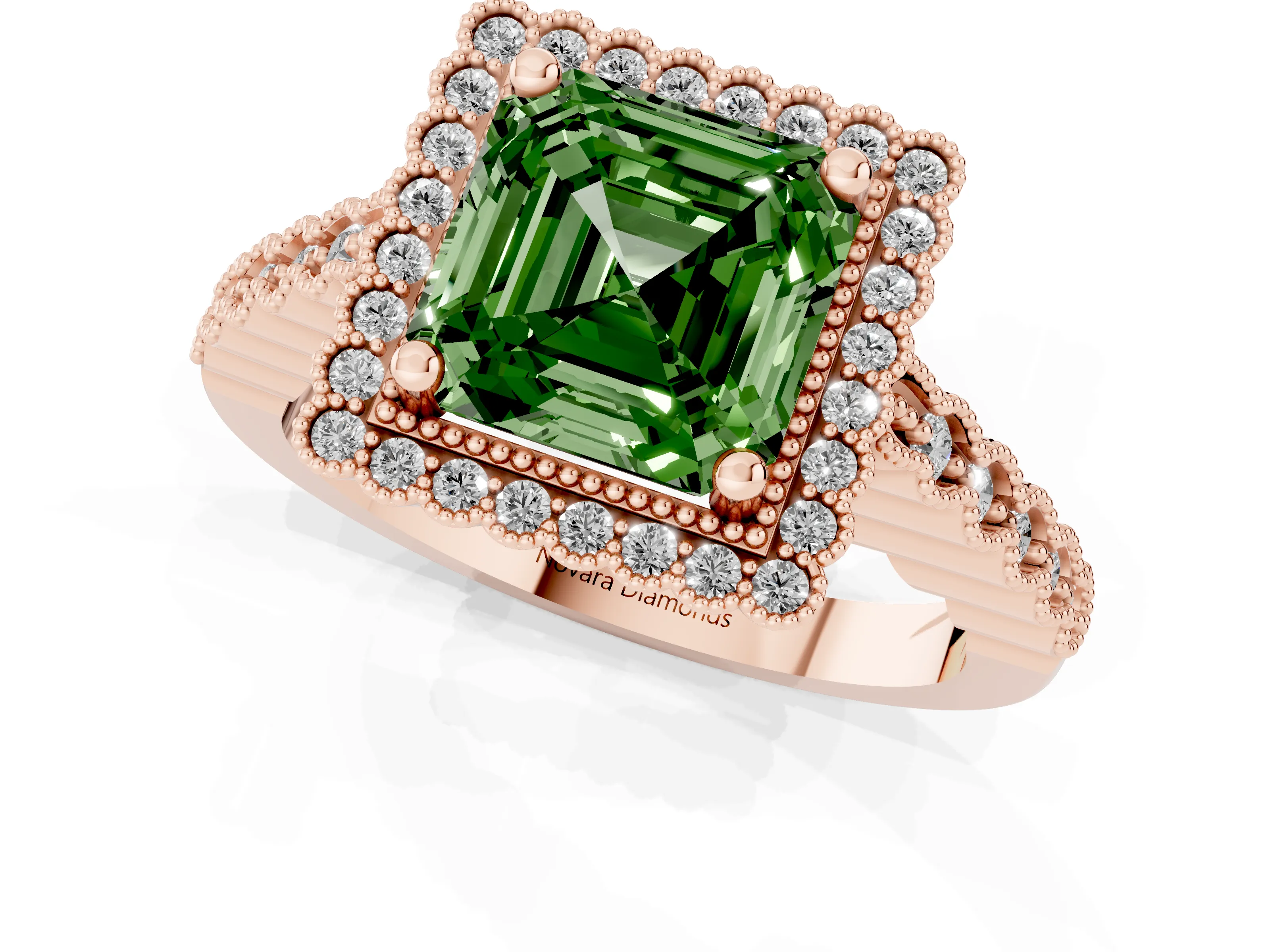 Fancy Green Asscher Cut Diamond Halo Ring Set in Rose gold with Pavé Milgrain Band