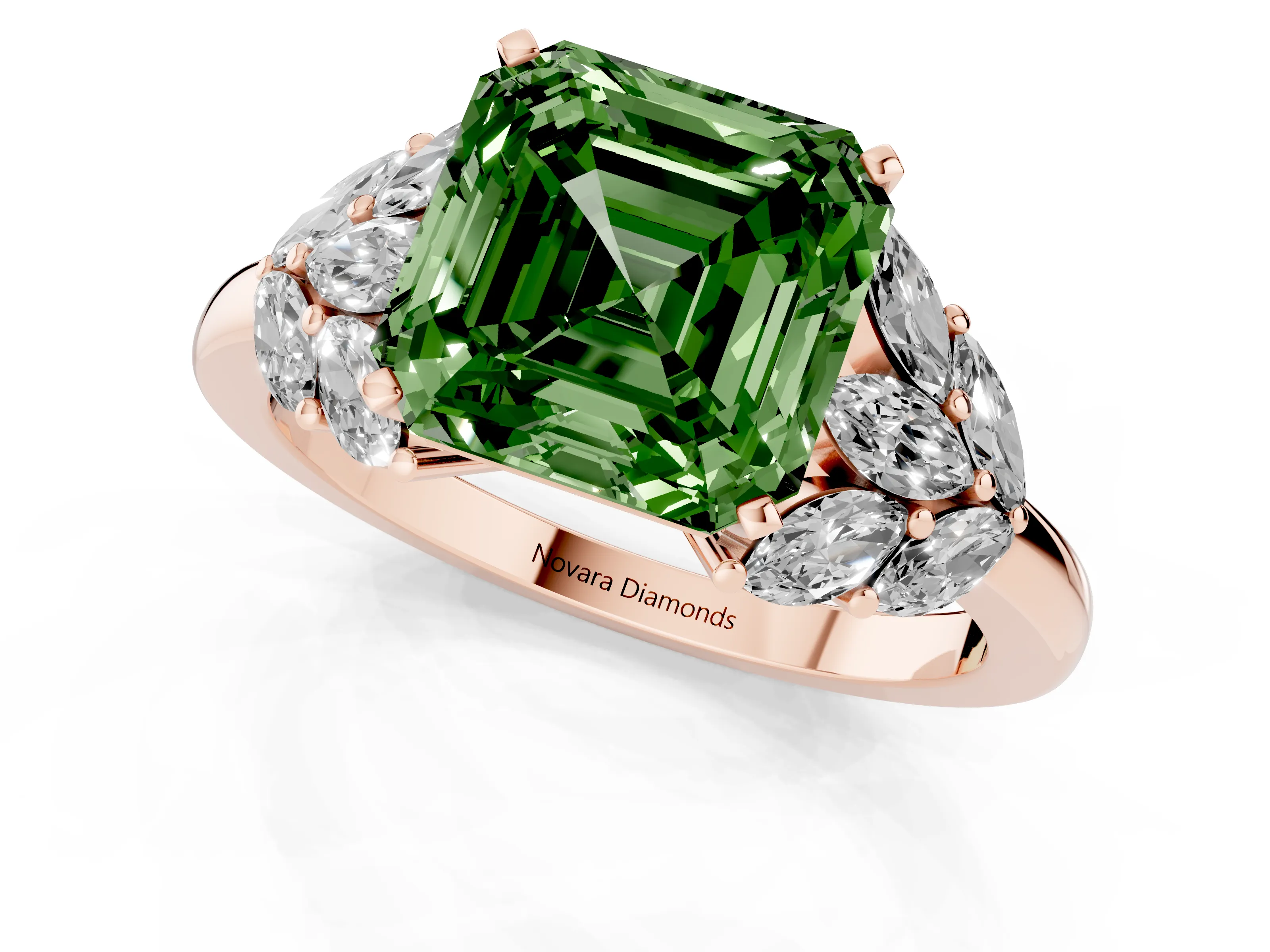 Fancy Green Asscher Cut Diamond Cluster Leaf Design Ring Set in Rose gold with Prong Setting