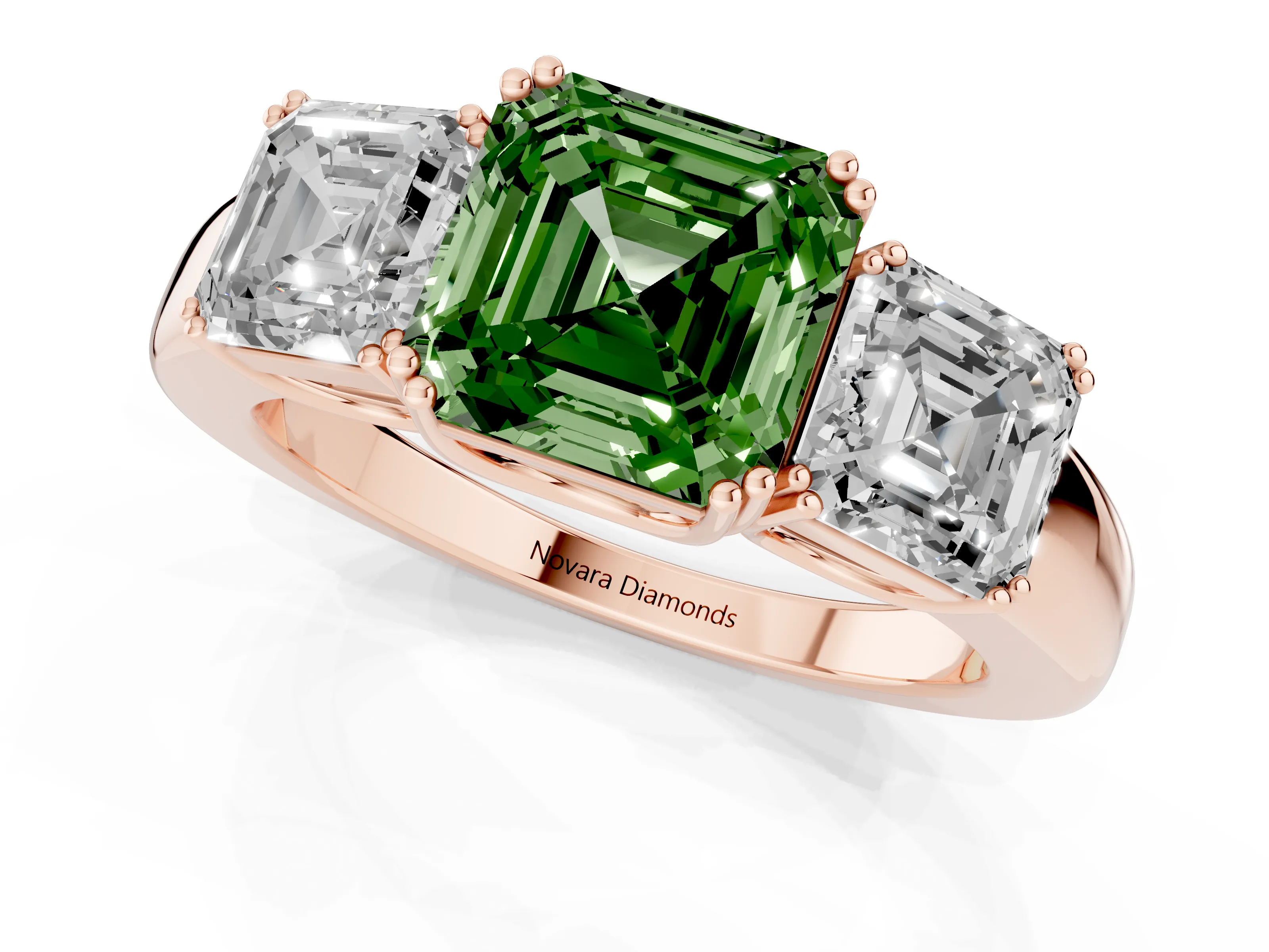 Fancy Green Asscher Cut Diamond Three-Stone Ring Set in Rose gold with Polished Band and Prong Setting
