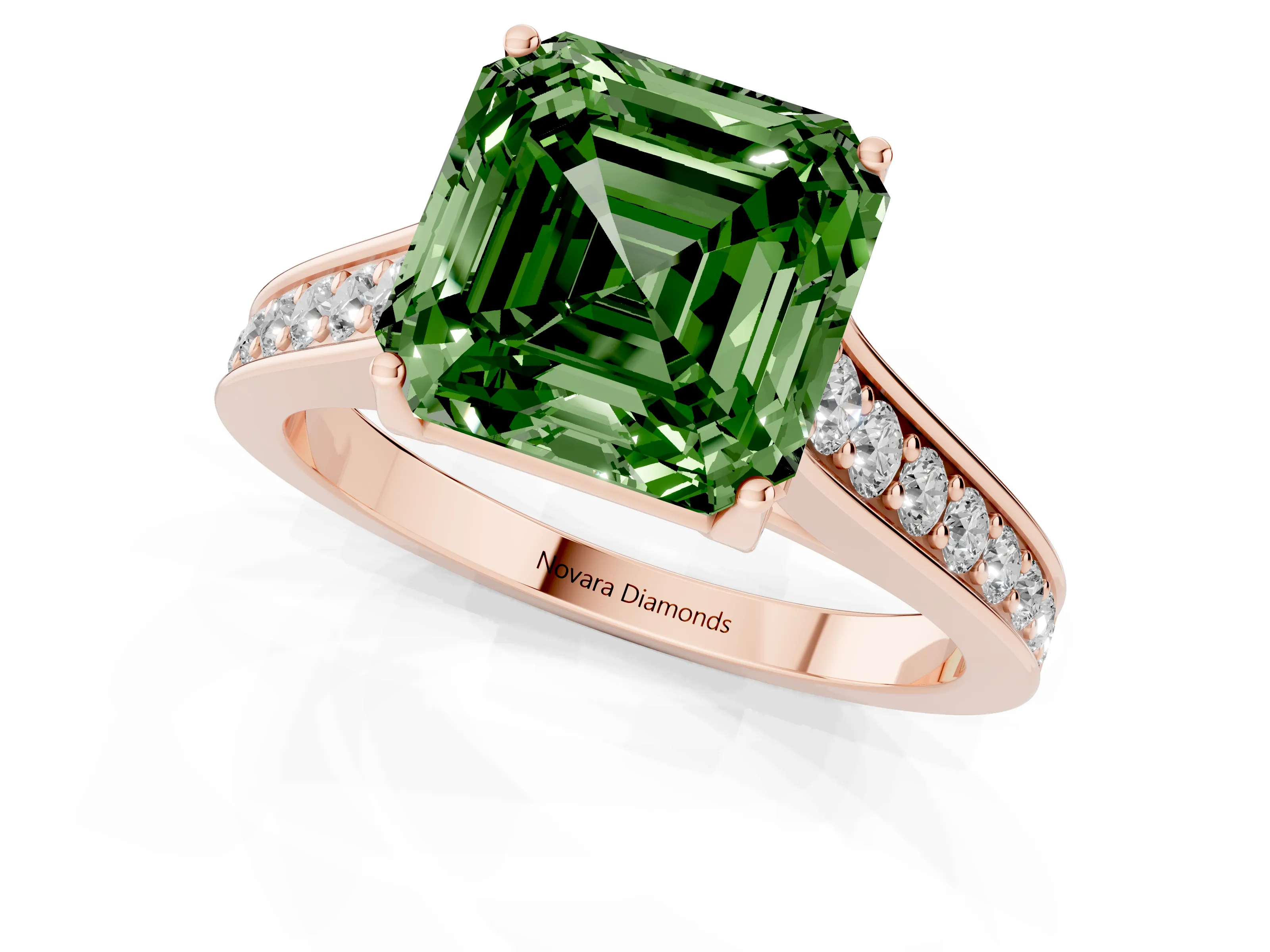 Fancy Green Asscher Cut Diamond Solitaire Pavé Engagement Ring Set in Rose gold with Prong Setting