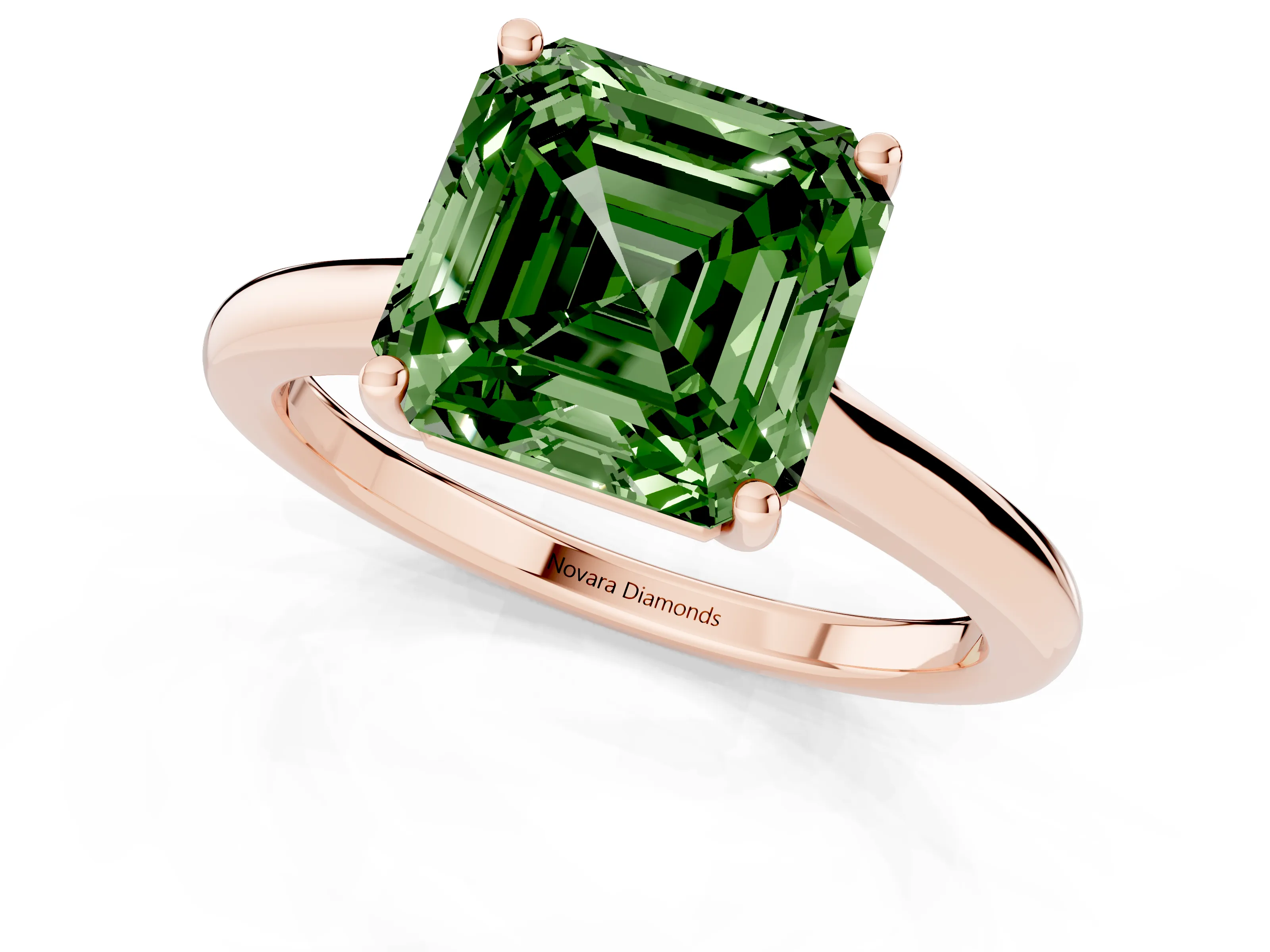 Fancy Green Asscher Cut Diamond Solitaire Ring Set in Rose gold with Cathedral Band and Prong Setting