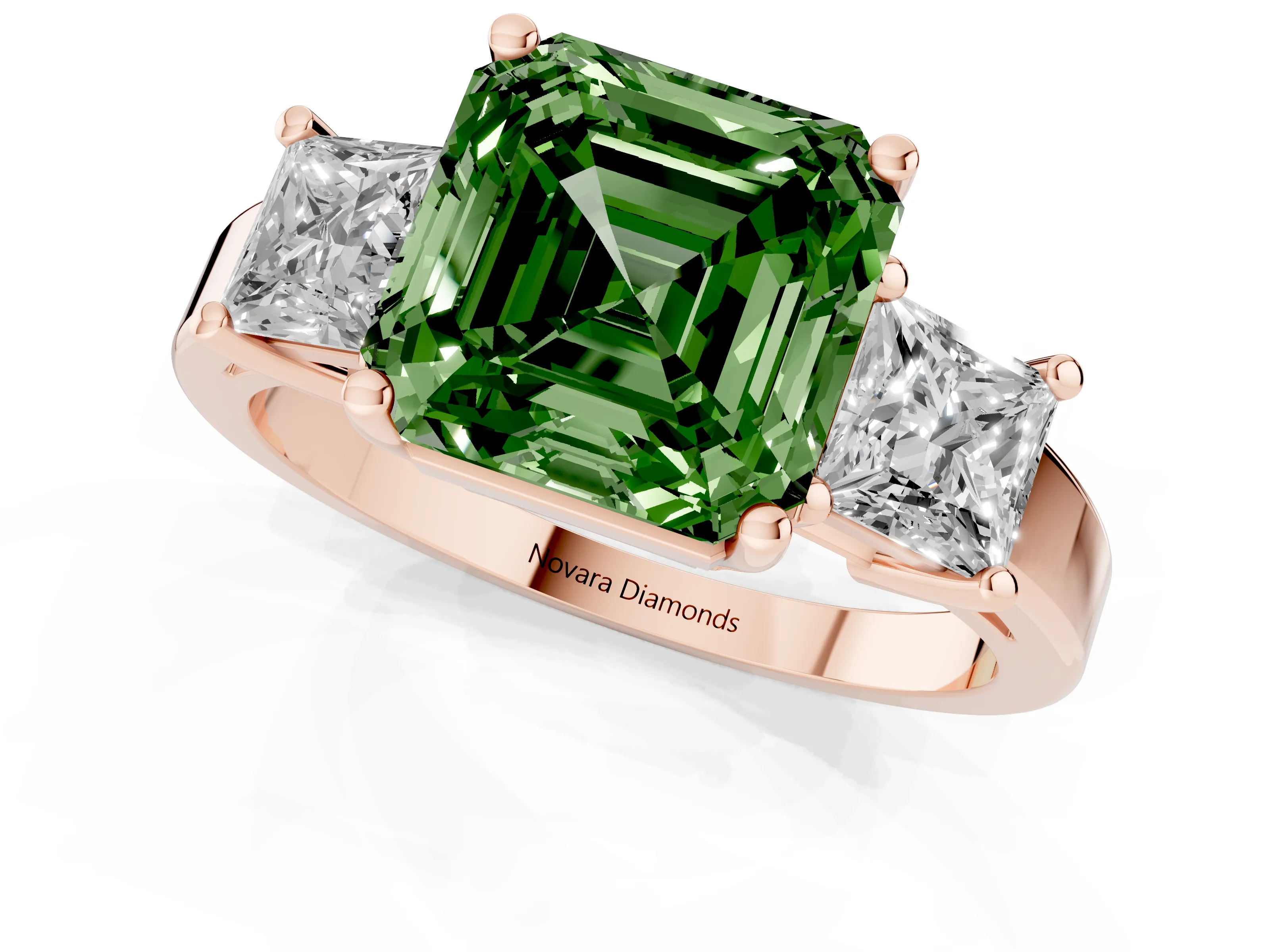 Fancy Green Three-Stone Asscher Cut Diamond Solitaire Ring Set in Rose gold with Prong Setting