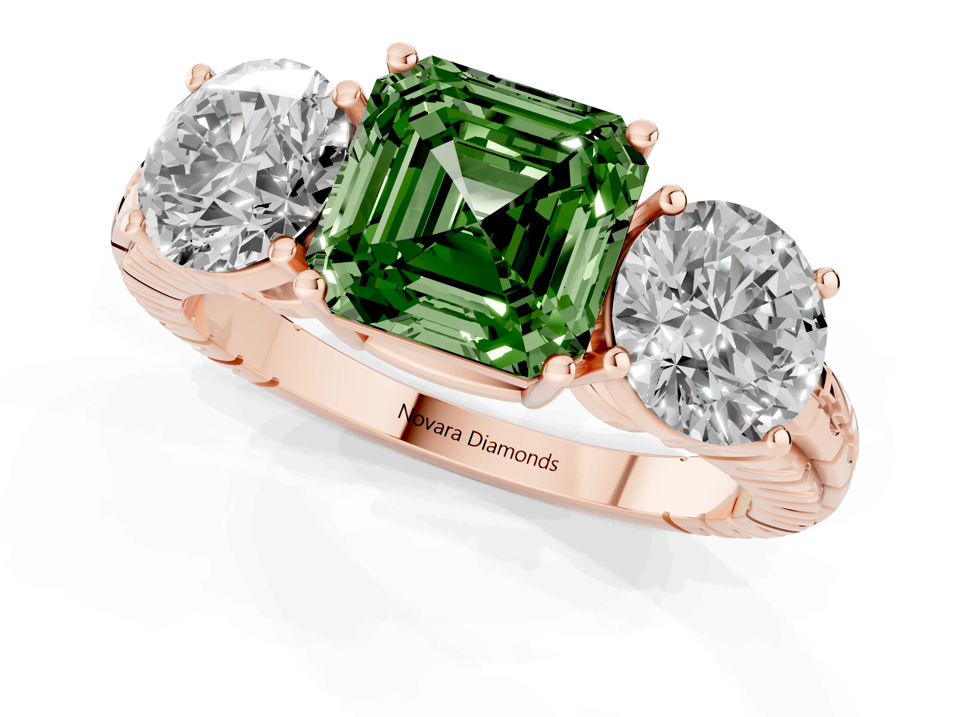 Fancy Green Asscher Cut Diamond Three-Stone Ring Set in Rose gold with Channel-Set Accent Band