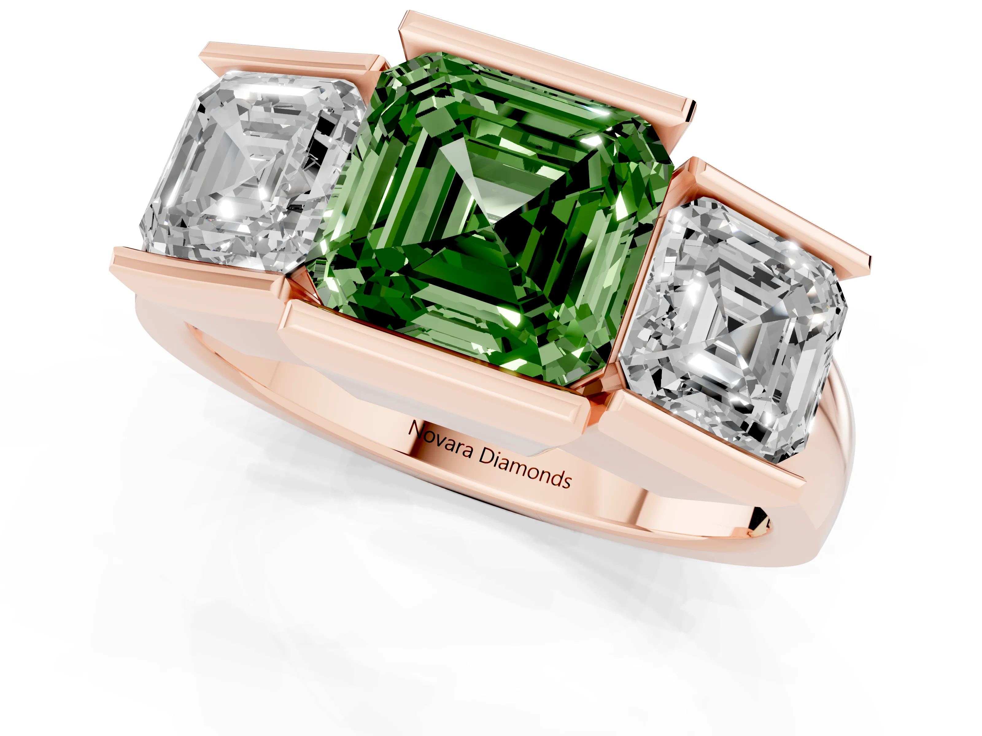 Fancy Green Asscher Cut Diamond Three-Stone Channel Set Ring Set in Rose gold with Smooth Polished Band