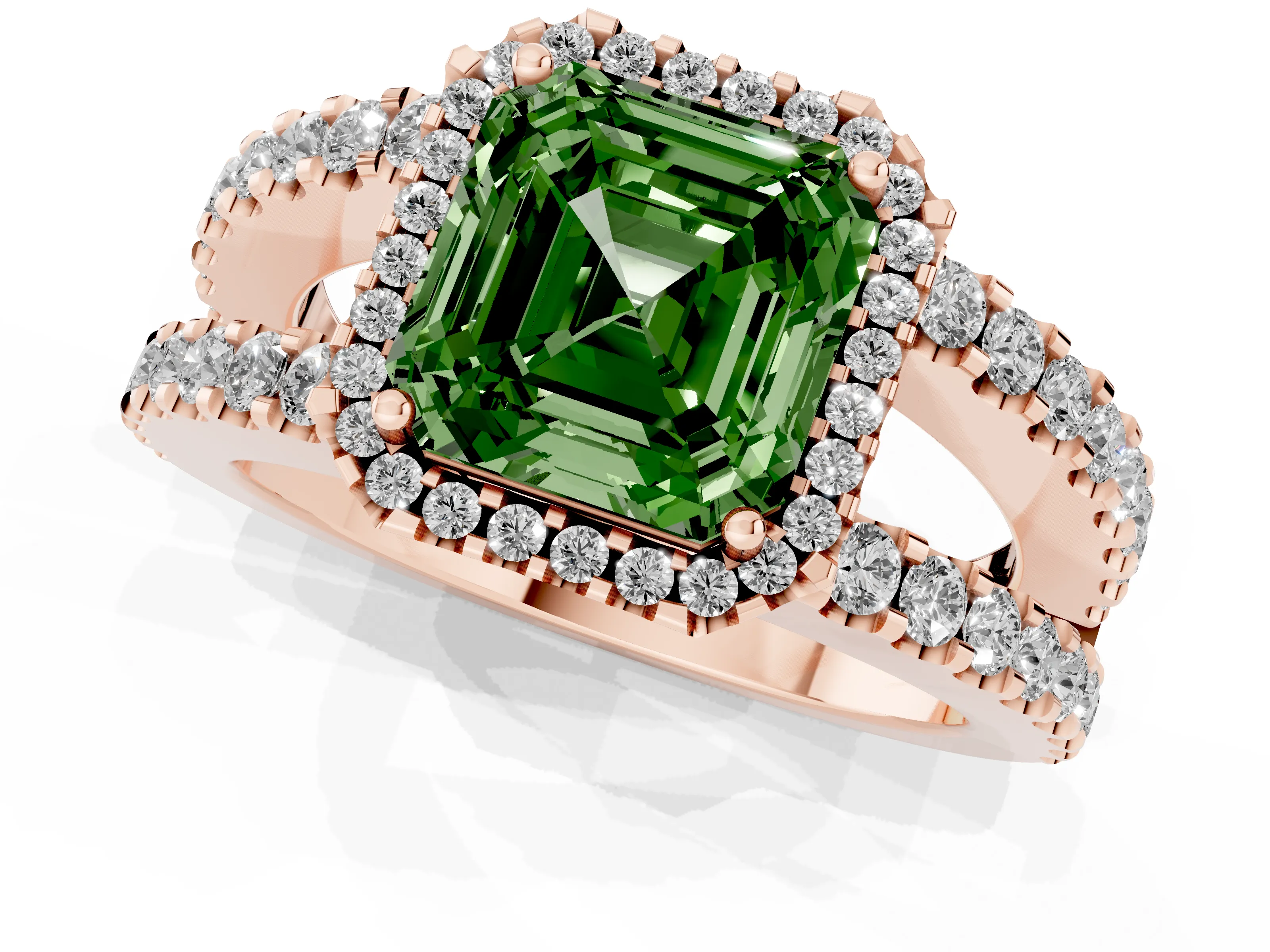 Fancy Green Asscher Cut Diamond Halo Ring Set in Rose gold with Pavé Split Shank and Prong Setting