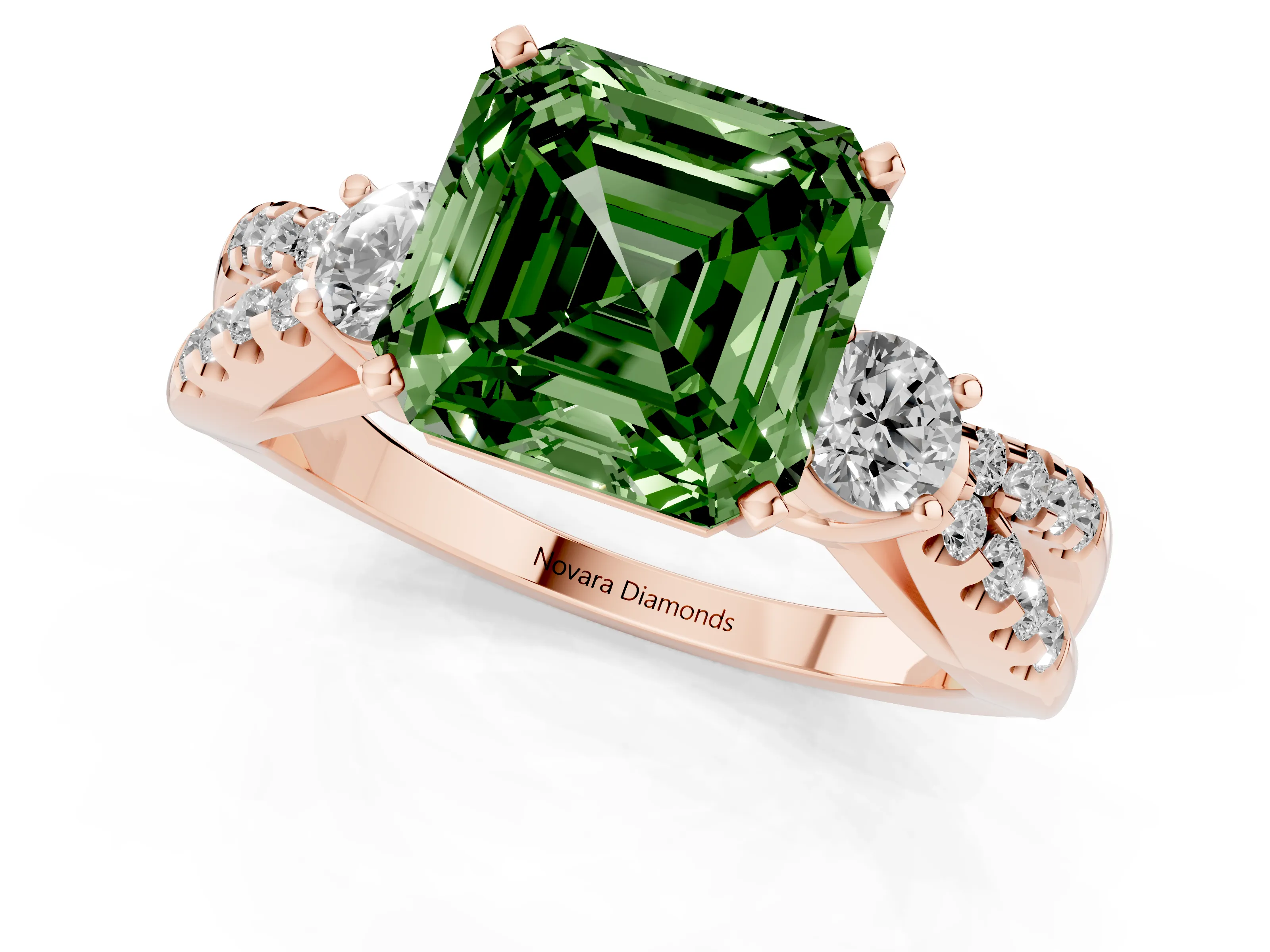 Fancy Green Asscher Cut Diamond Three-Stone Ring Set in Rose gold with Pavé Split Shank and Prong Setting