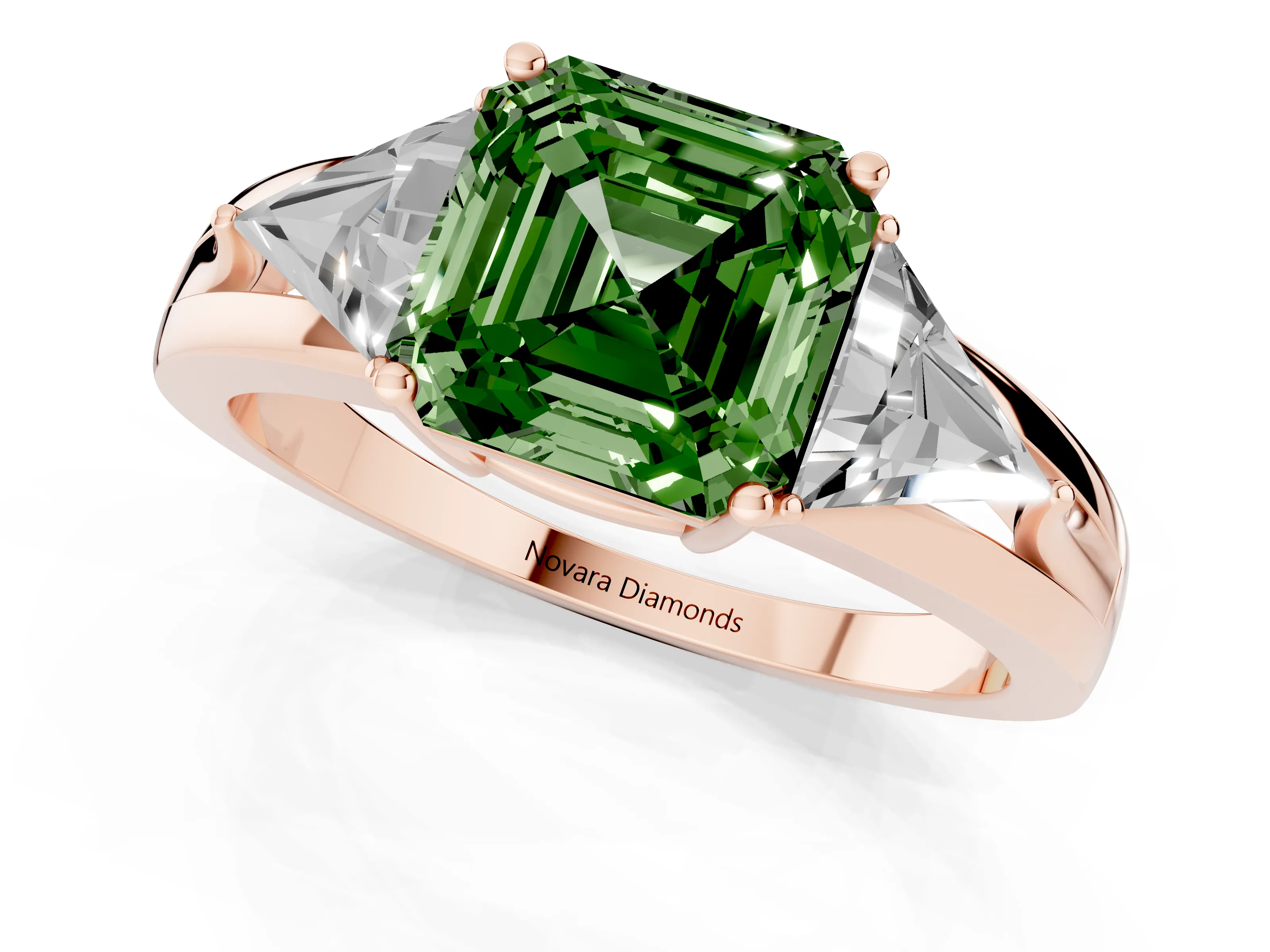 Fancy Green Asscher Cut Diamond Three-Stone Ring Set in Rose gold with Trillion Side Stones and Split Shank
