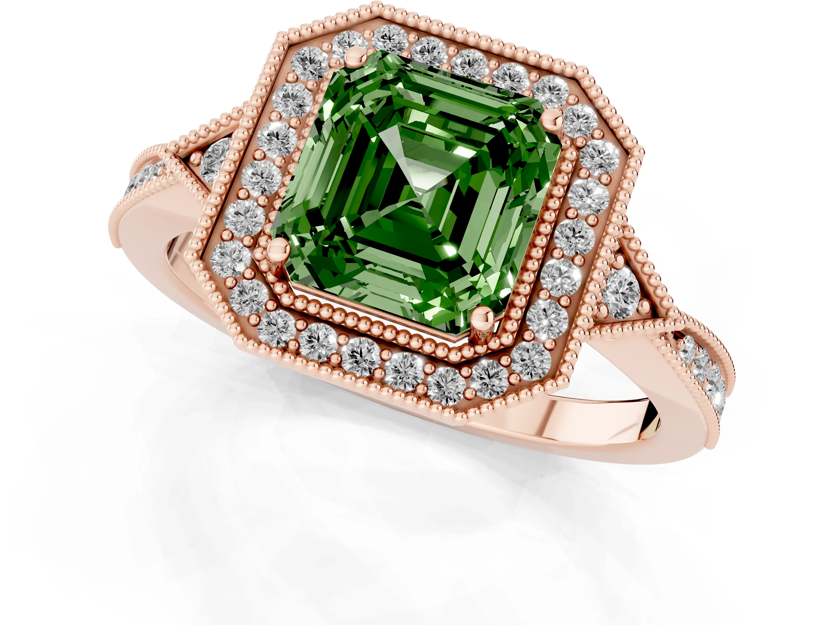 Fancy Green Asscher Cut Diamond Halo Engagement Ring Set in Rose gold with Milgrain Pavé Band
