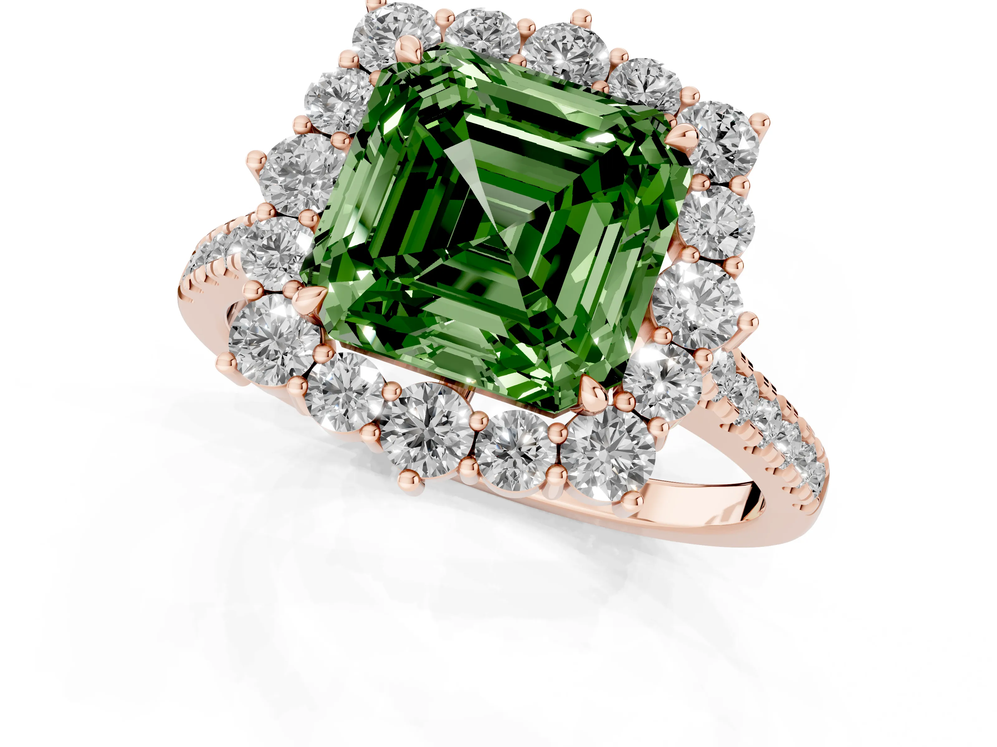 Fancy Green Asscher Cut Diamond Halo Ring Set in Rose gold with Pavé Band and Prong Setting