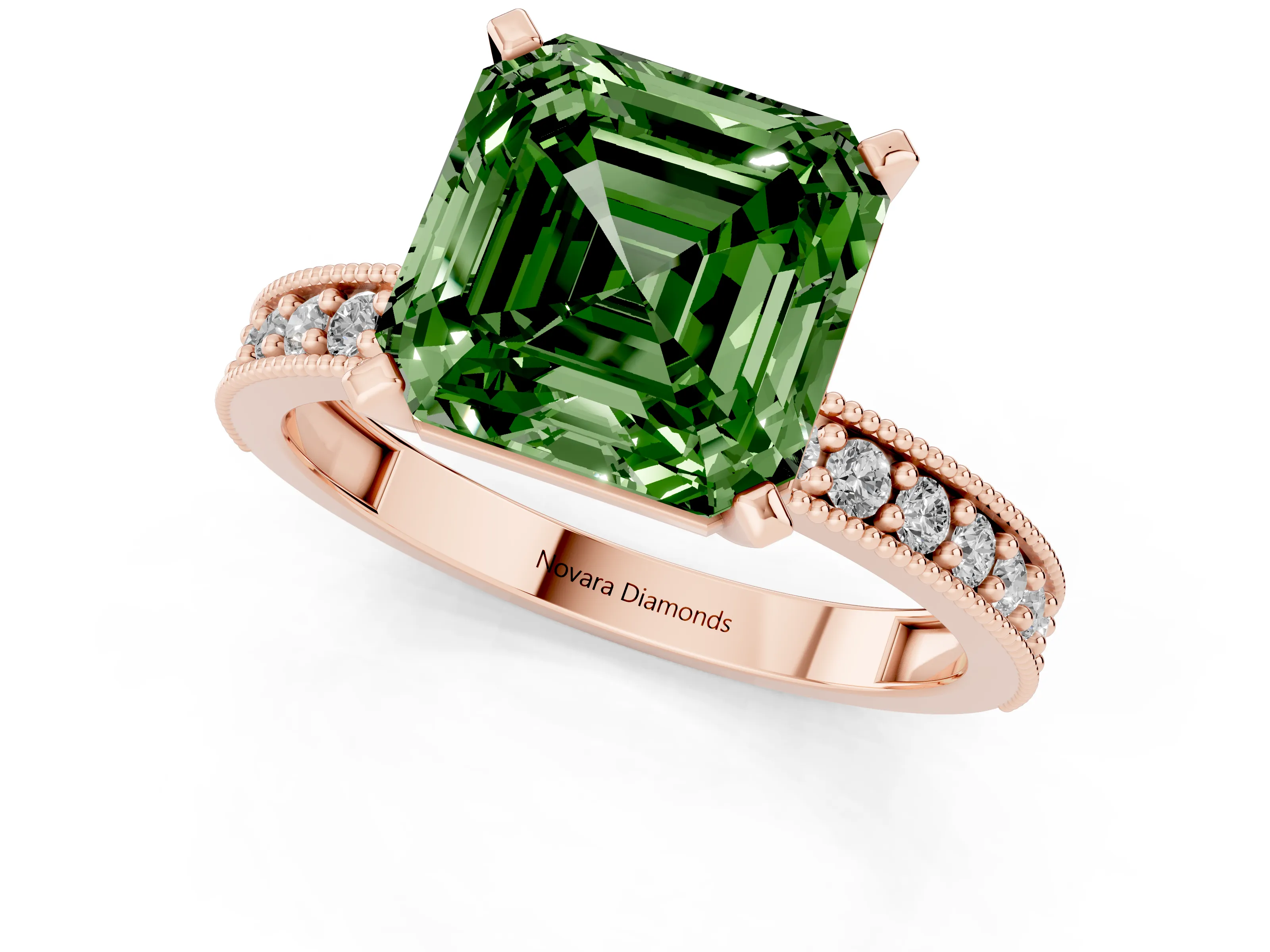 Fancy Green Asscher Cut Diamond Milgrain Pavé Engagement Ring Set in Rose gold with Prong Setting