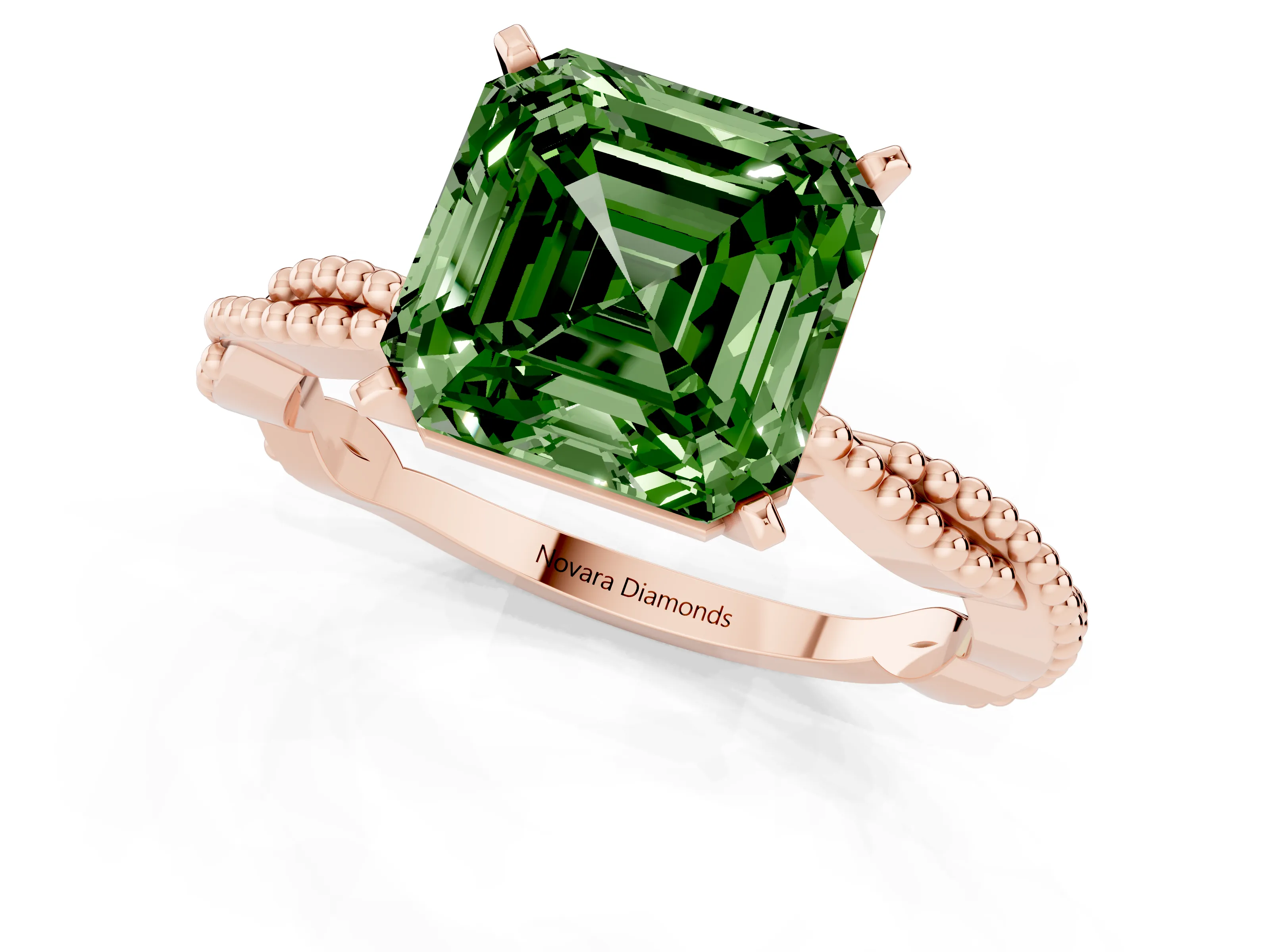 Fancy Green Asscher Cut Diamond Solitaire Ring Set in Rose gold with Twisted Band and Bead Prong Setting