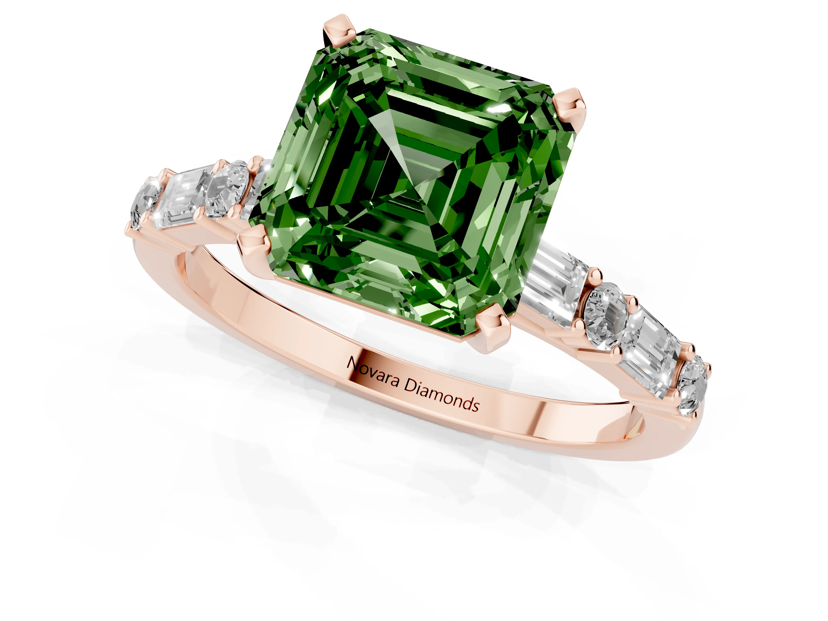 Fancy Green Asscher Cut Diamond Solitaire Set in Rose gold with Side Baguettes and Channel Set Band