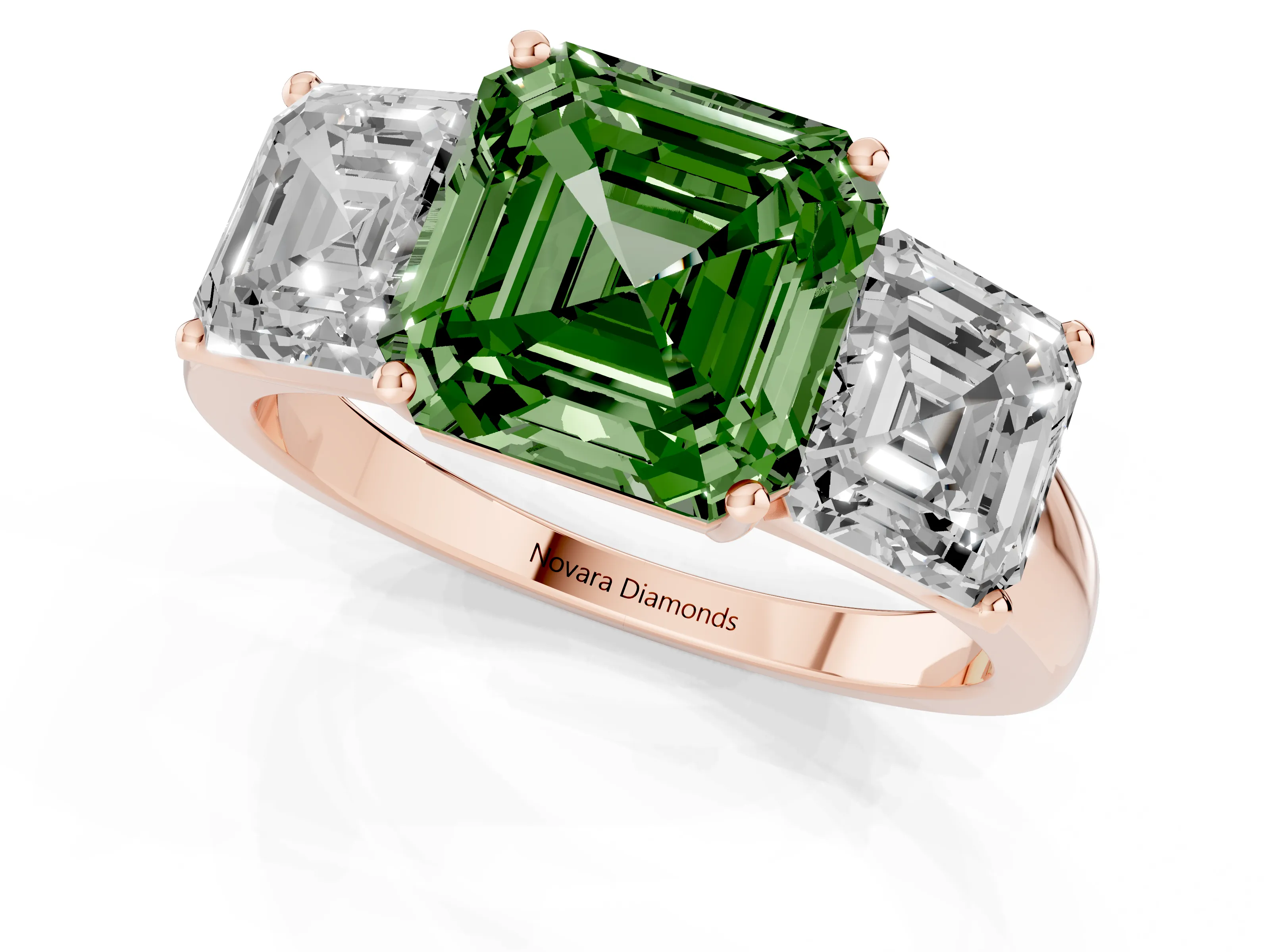 Fancy Green Asscher Cut Diamond Three-Stone Ring Set in Rose gold with Classic Prong Setting and Plain Band