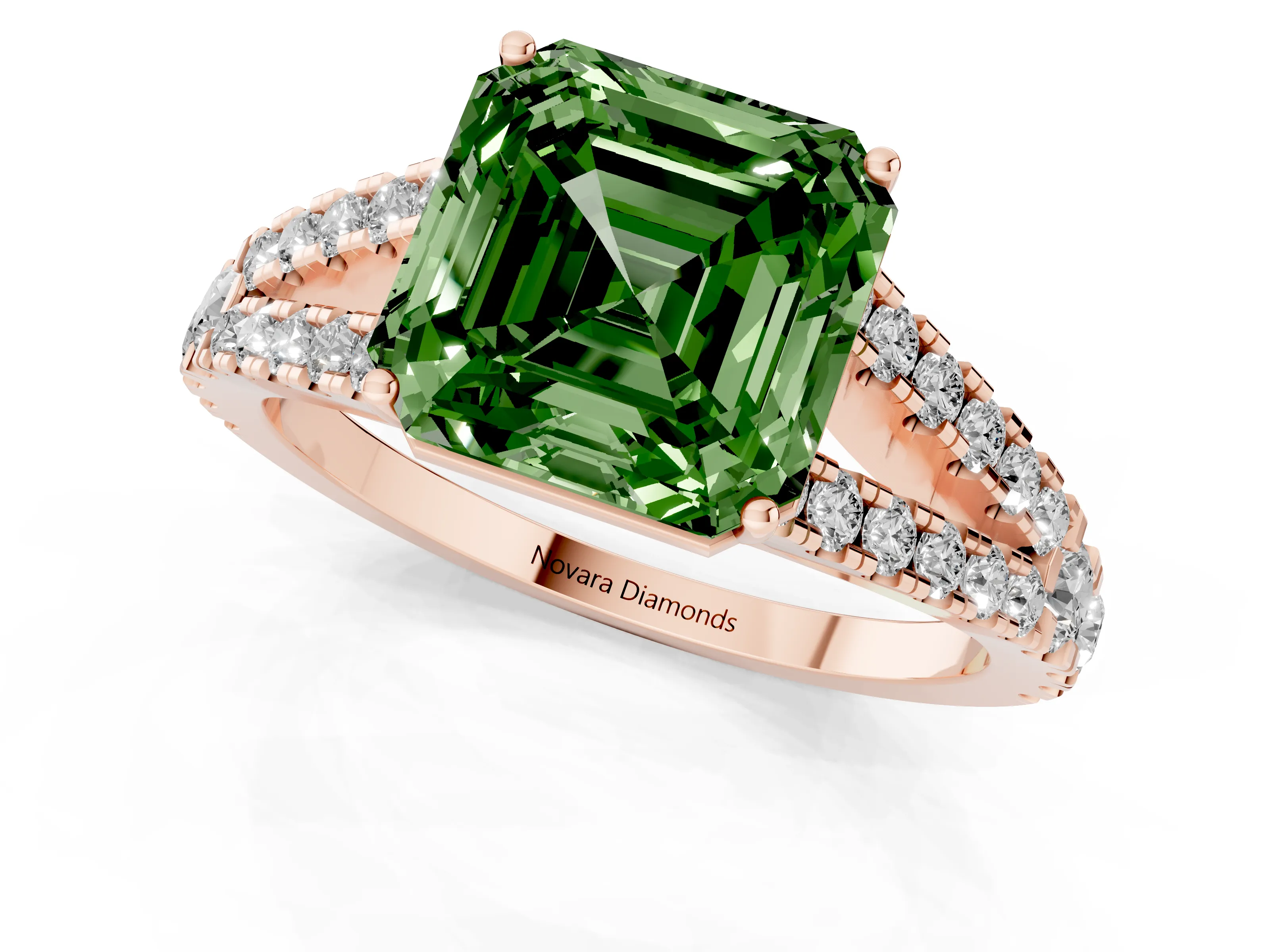 Fancy Green Asscher Cut Diamond Split Shank Pavé Engagement Ring Set in Rose gold with Prong-Held Center Stone