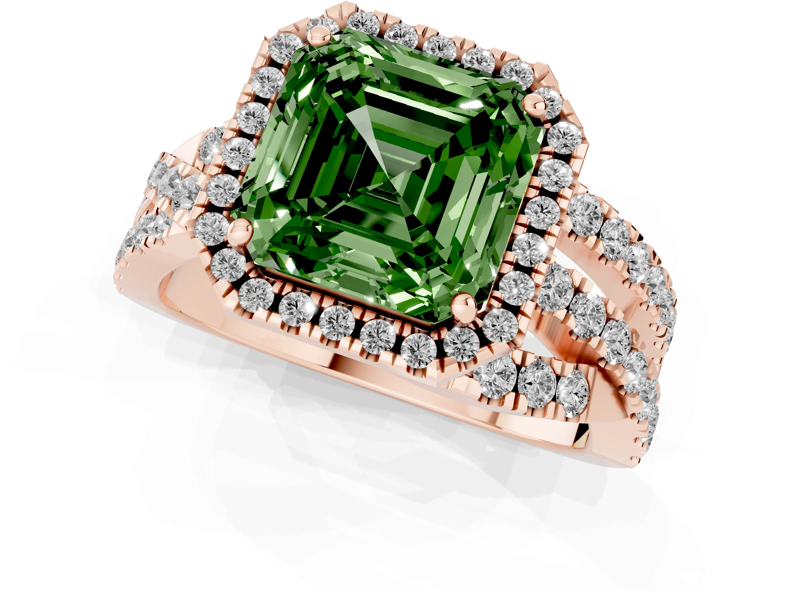 Fancy Green Asscher Cut Diamond Halo Ring Set in Rose gold with Round Crossover Split Shank and Prong Setting