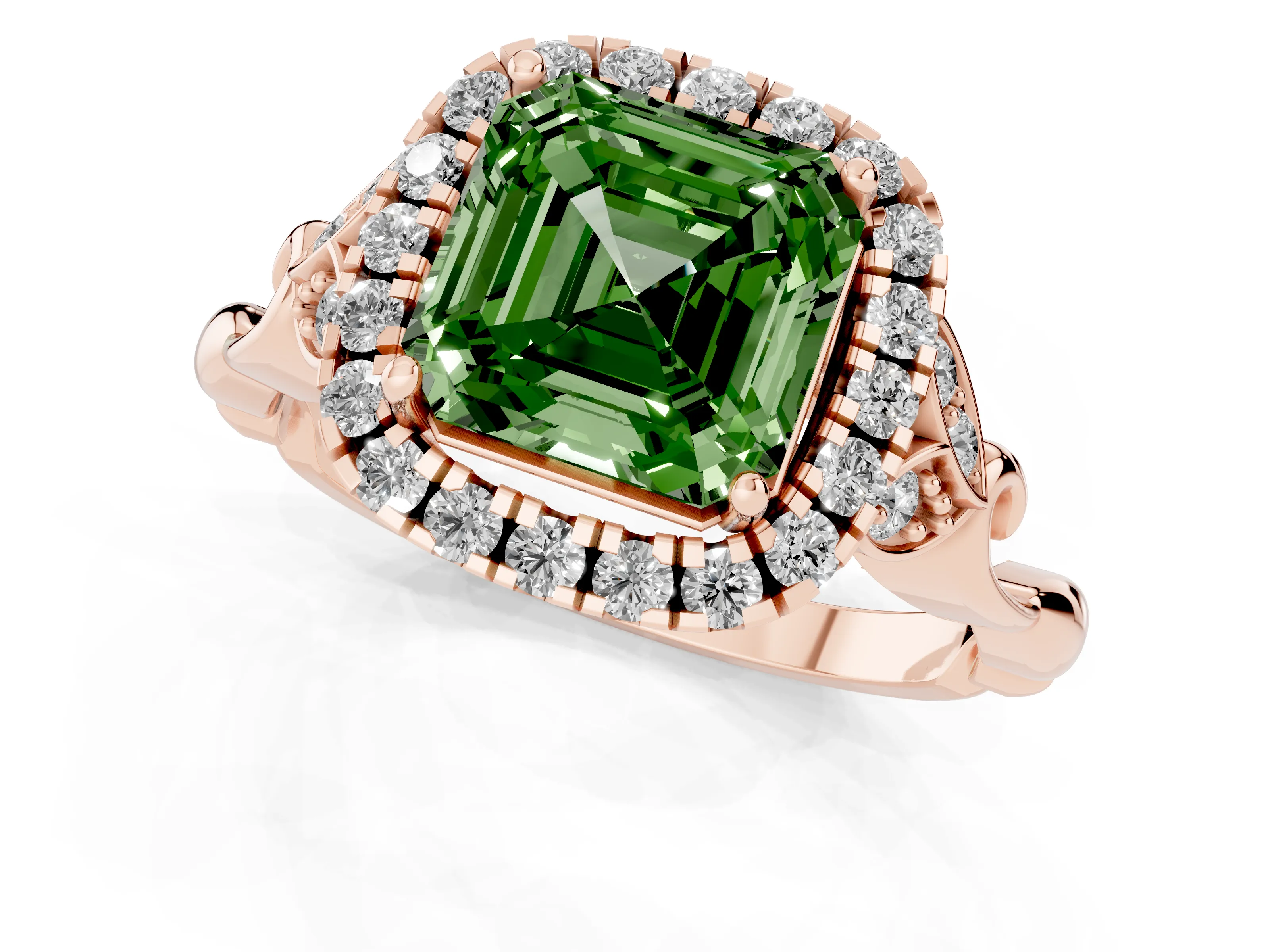 Fancy Green Asscher Cut Diamond Halo Engagement Ring Set in Rose gold with Vintage-Inspired Band and Prong Setting