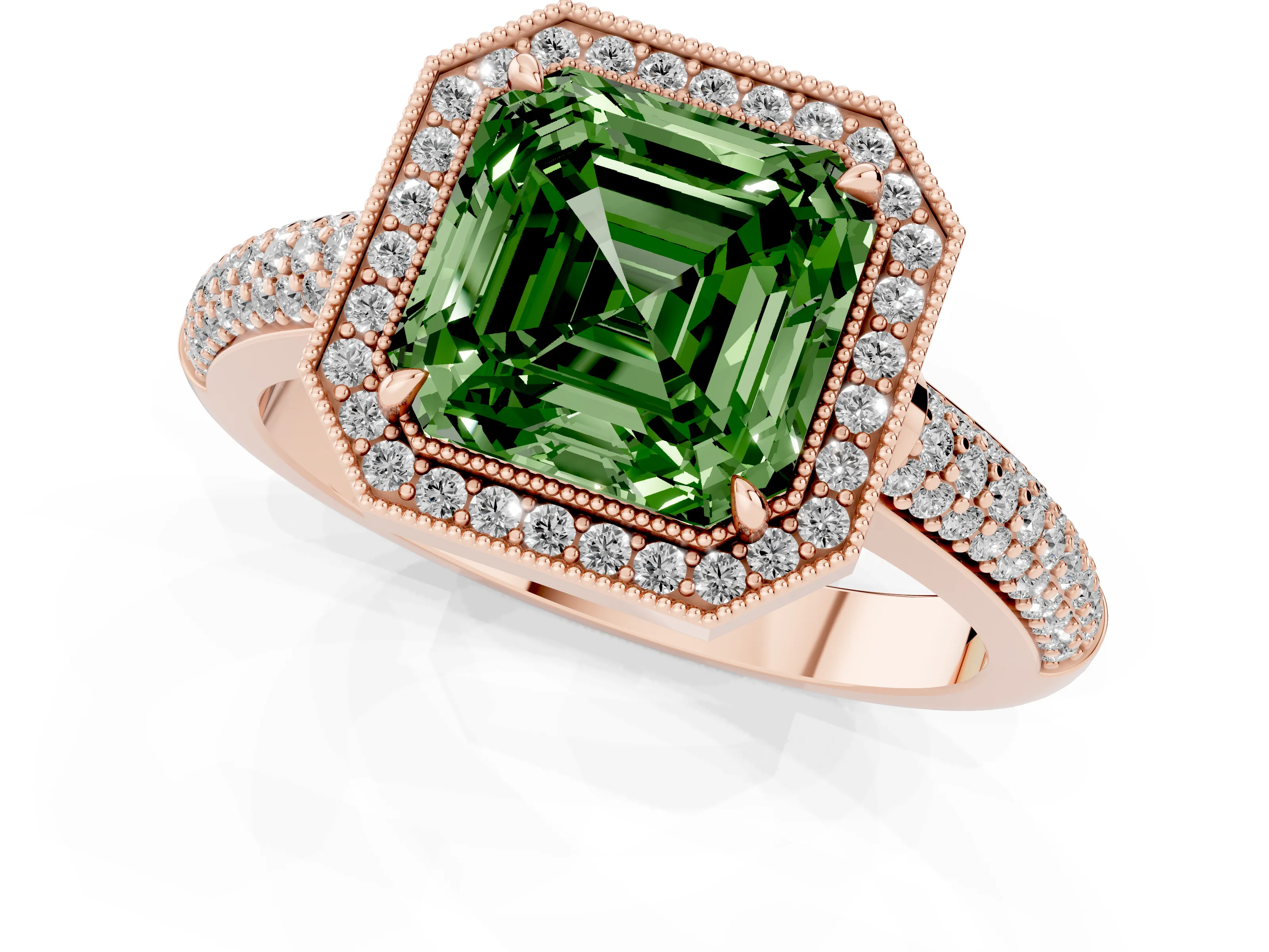 Fancy Green Asscher Cut Diamond Halo Pavé Band Set in Rose gold with Prong Setting