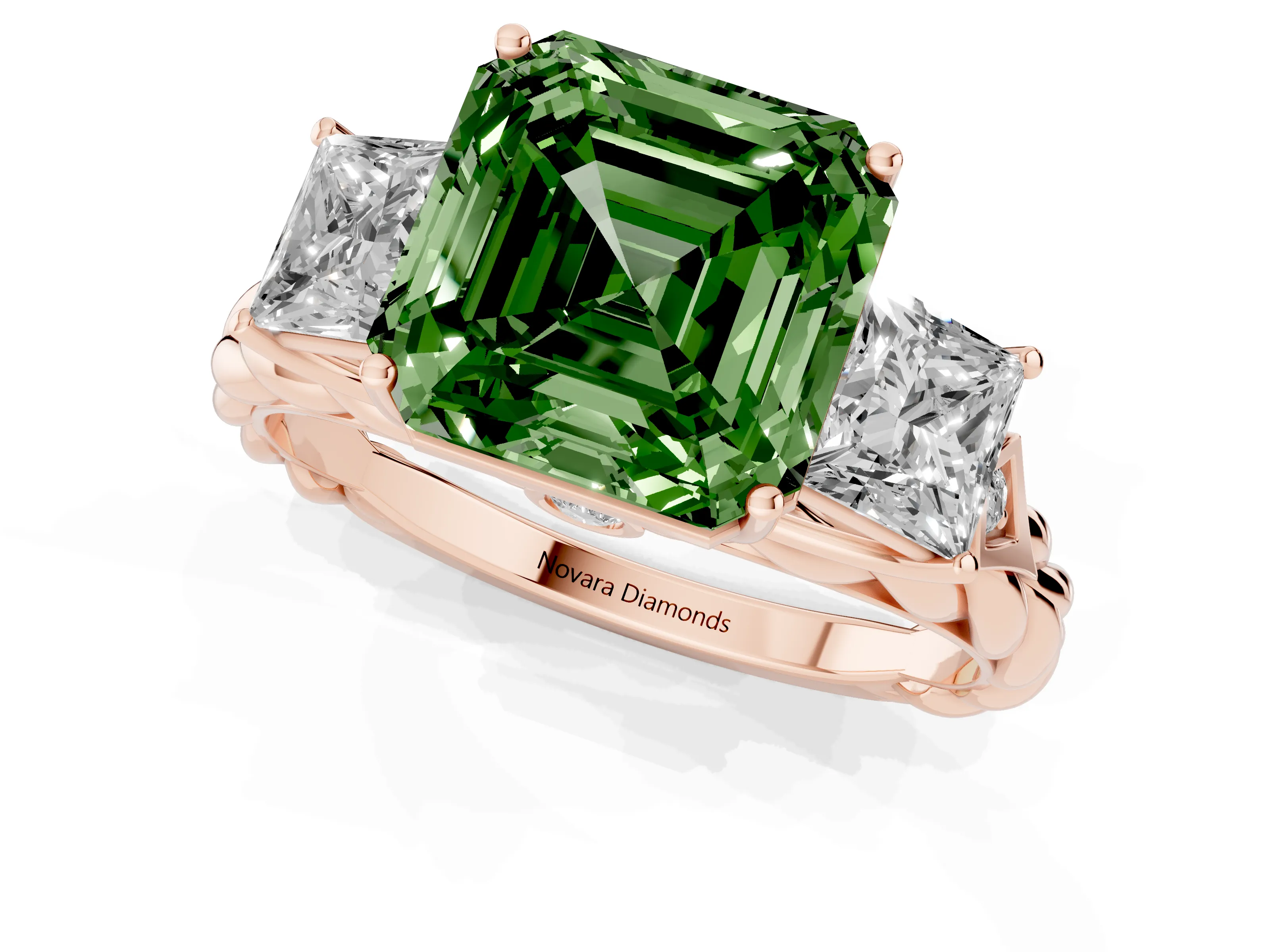Fancy Green Asscher Cut Diamond Three-Stone Ring Set in Rose gold with Braided Band