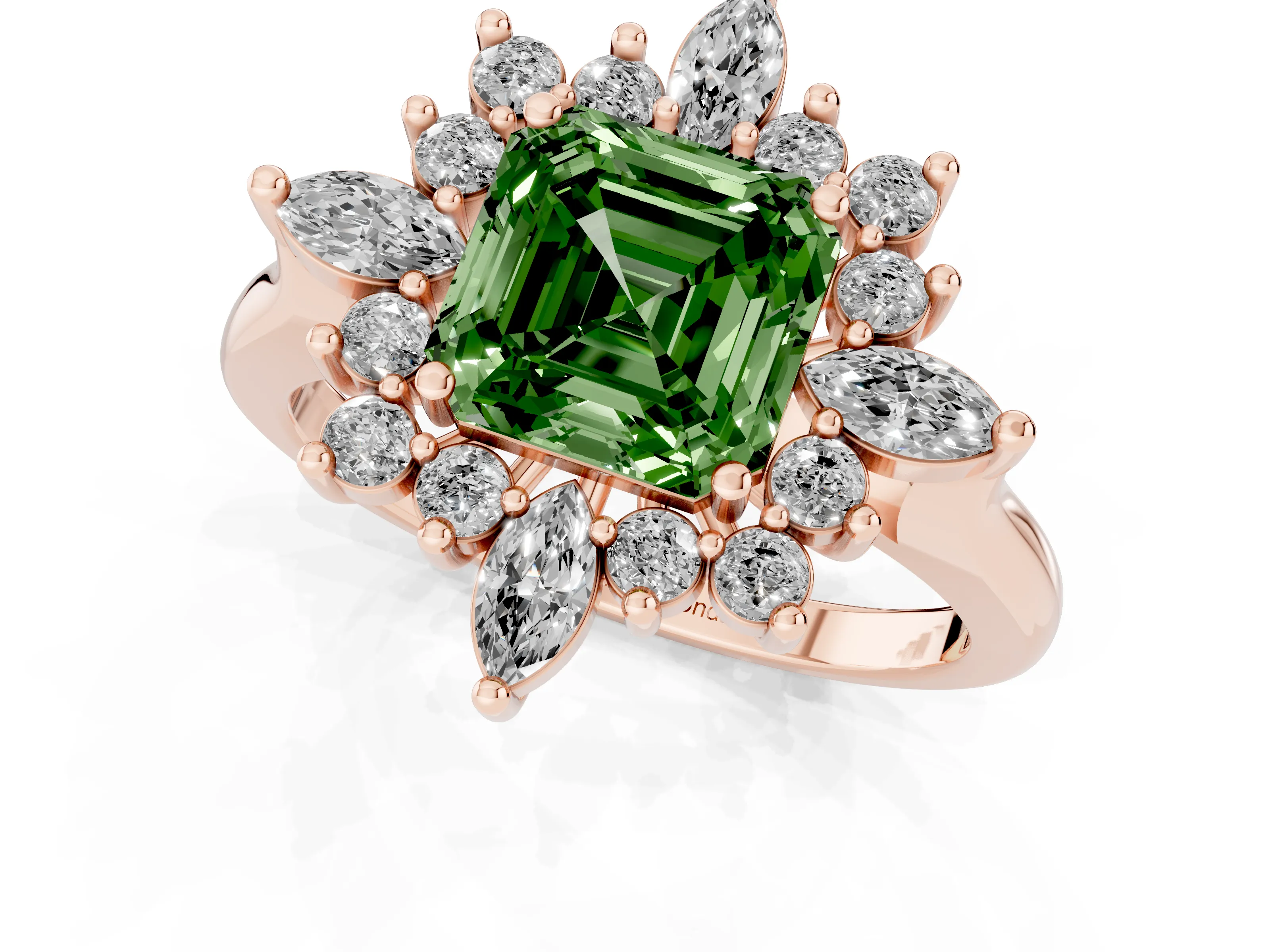 Fancy Green Asscher Cut Diamond Cluster Halo Ring Set in Rose gold with Marquise and Round Accents
