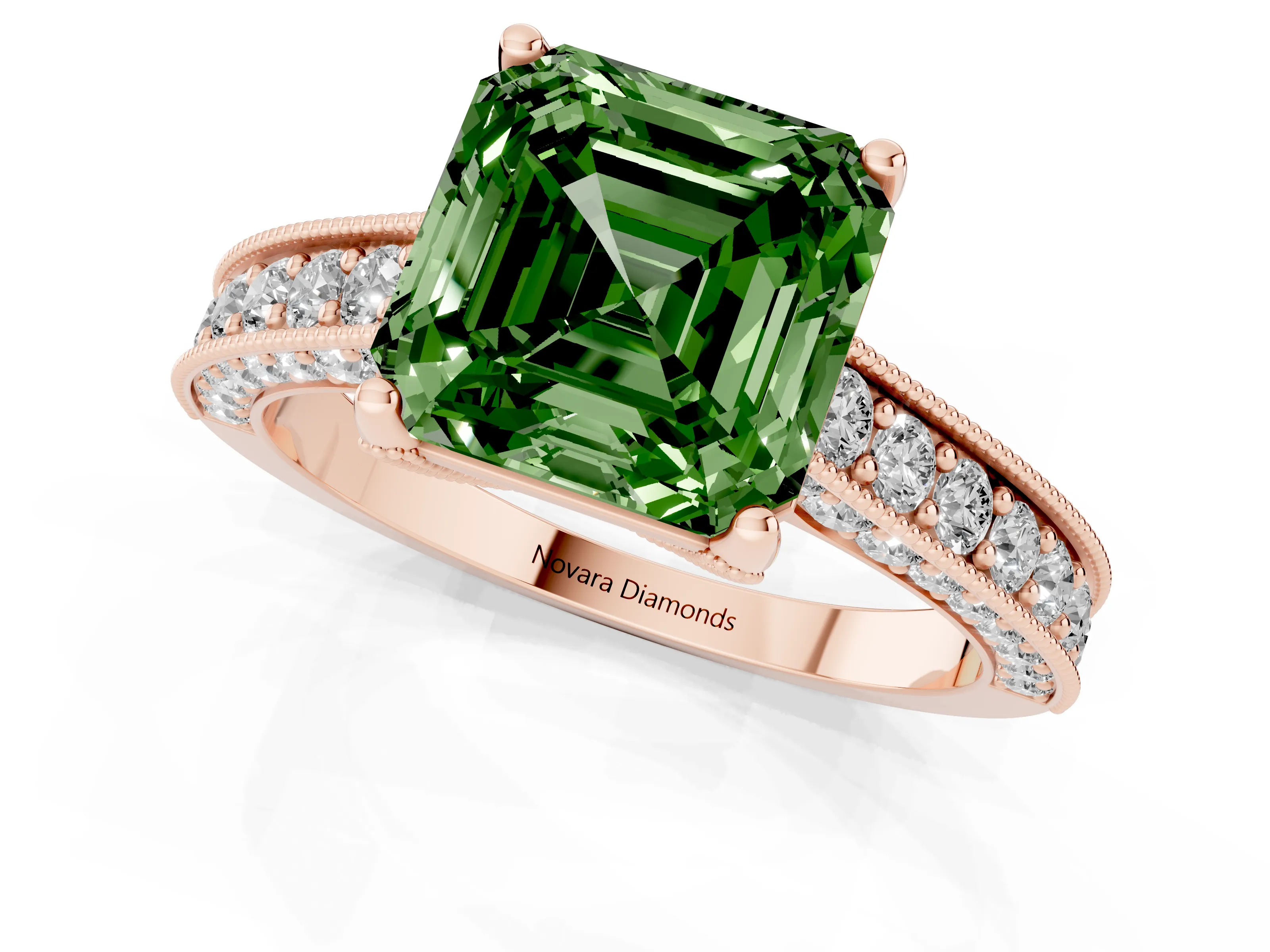 Fancy Green Asscher Cut Diamond Solitaire Ring Set in Rose gold with Milgrain-Edged Pavé Band and Prong Setting