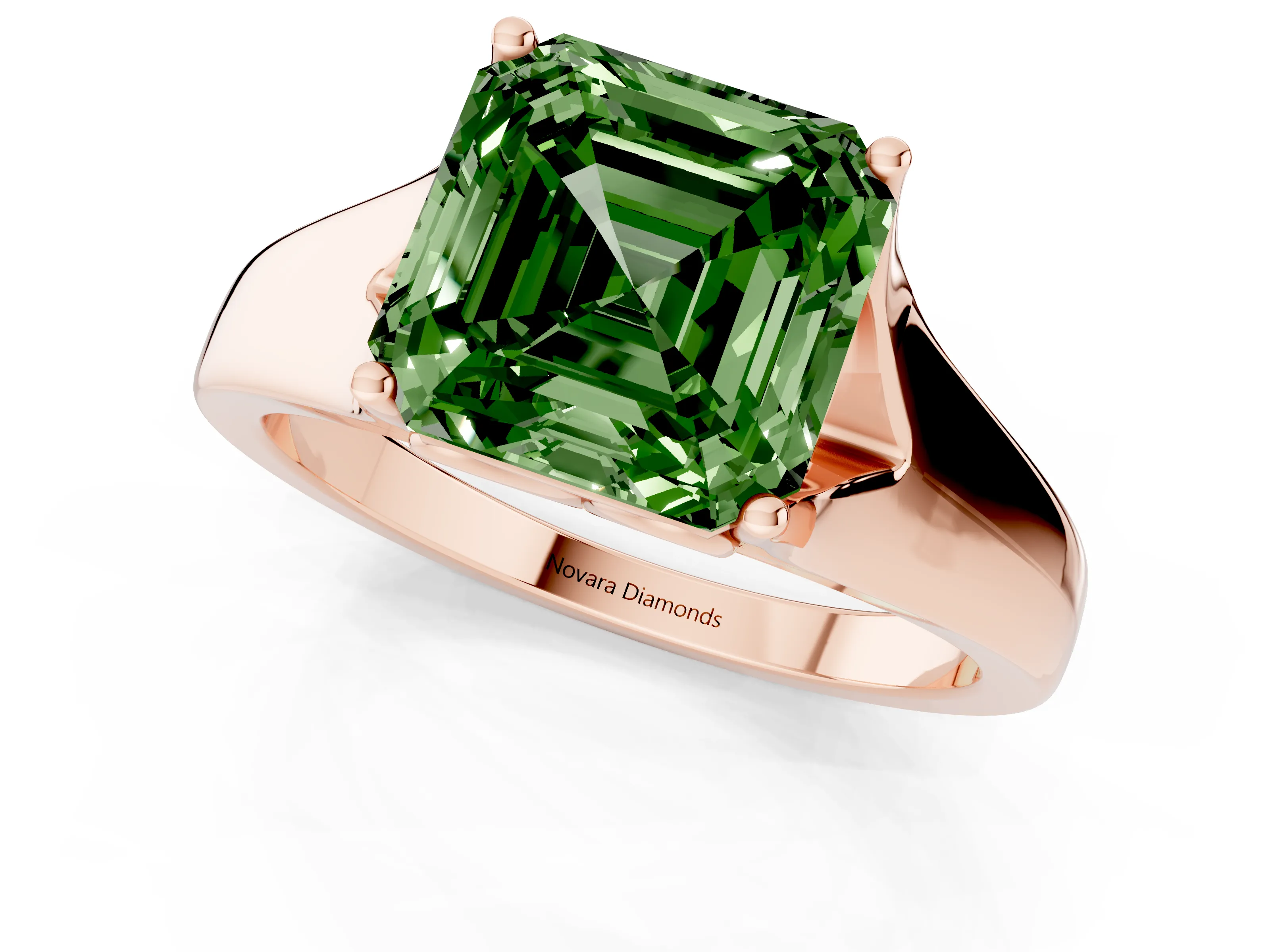 Fancy Green Asscher Cut Diamond Solitaire Ring Set in Rose gold with Arched Cathedral Band and Prong Setting