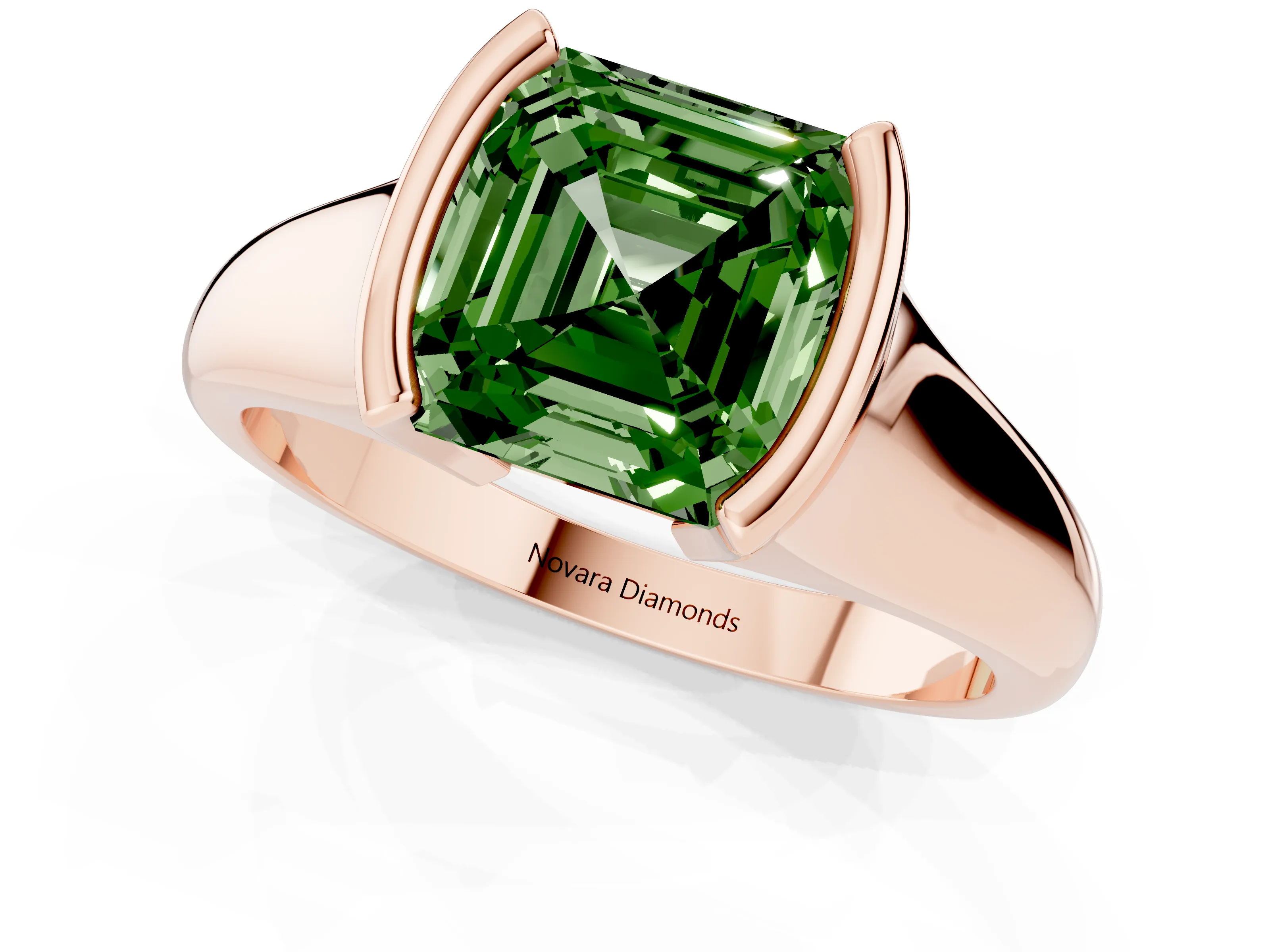Fancy Green Asscher Cut Diamond Solitaire Tension Set Ring Set in Rose gold with Split Shank Band