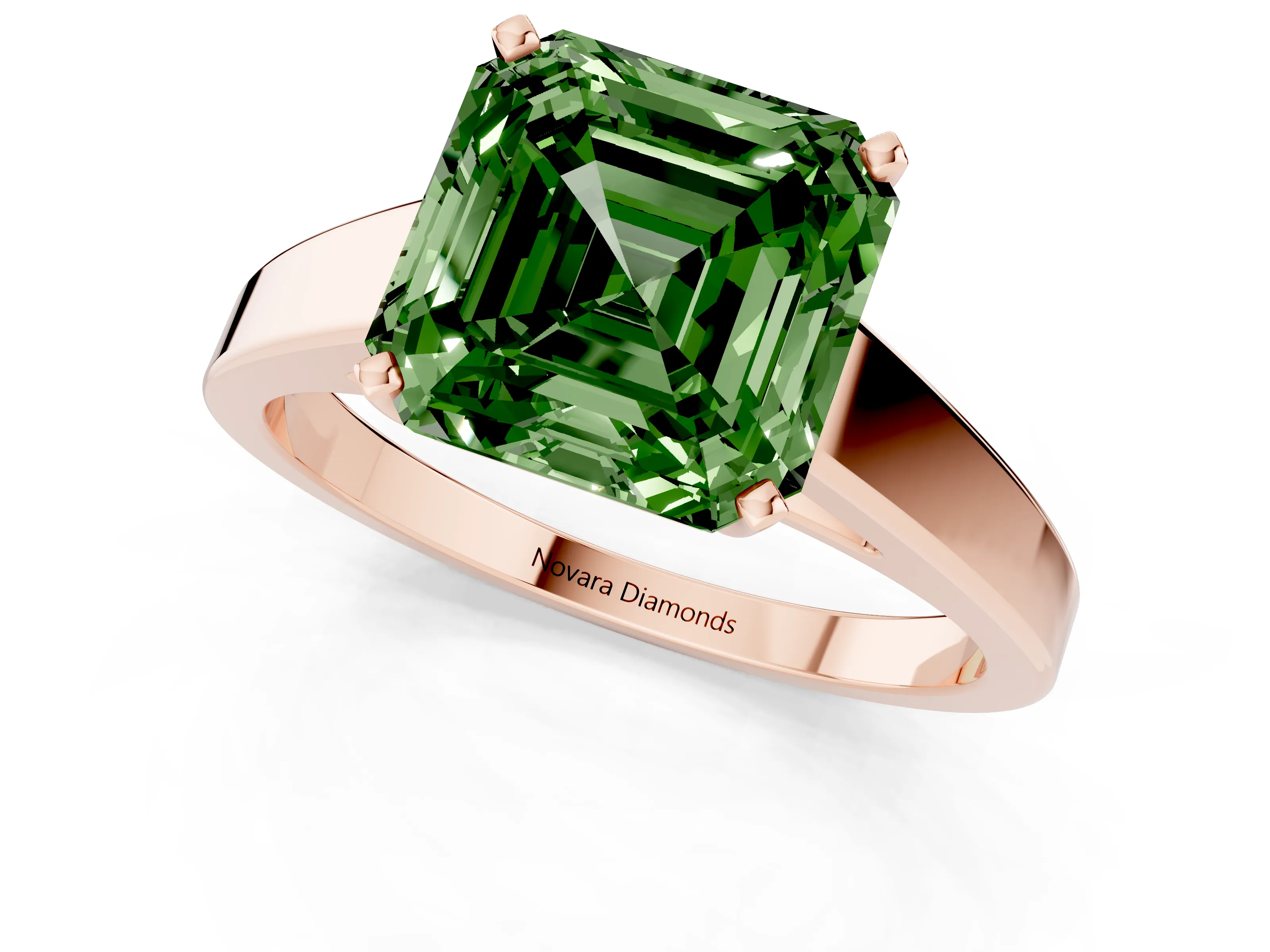 Fancy Green Asscher Cut Diamond Solitaire Engagement Ring Set in Rose gold with Prong Setting and Tapered Band