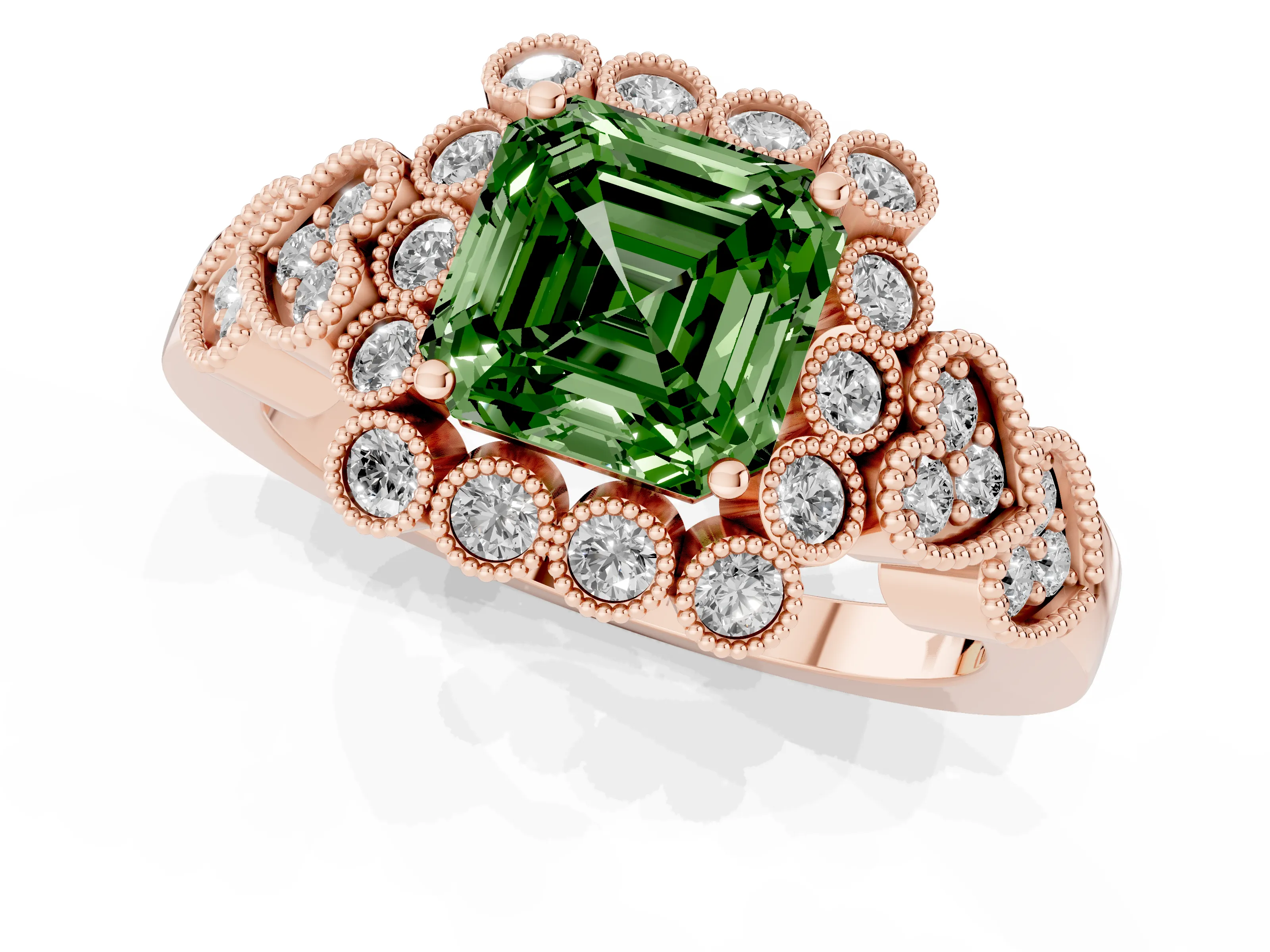 Fancy Green Asscher Cut Diamond Solitaire Ring Set in Rose gold with Milgrain Pavé Heart Band