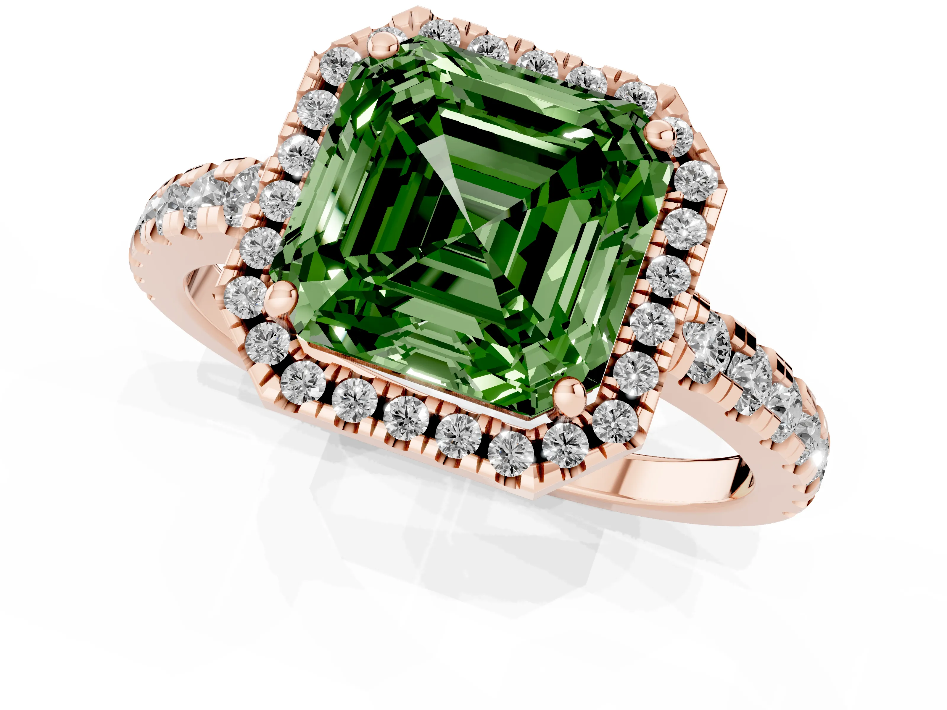 Fancy Green Asscher Cut Diamond Halo Ring Set in Rose gold with Delicate Pavé Band and Prong Setting