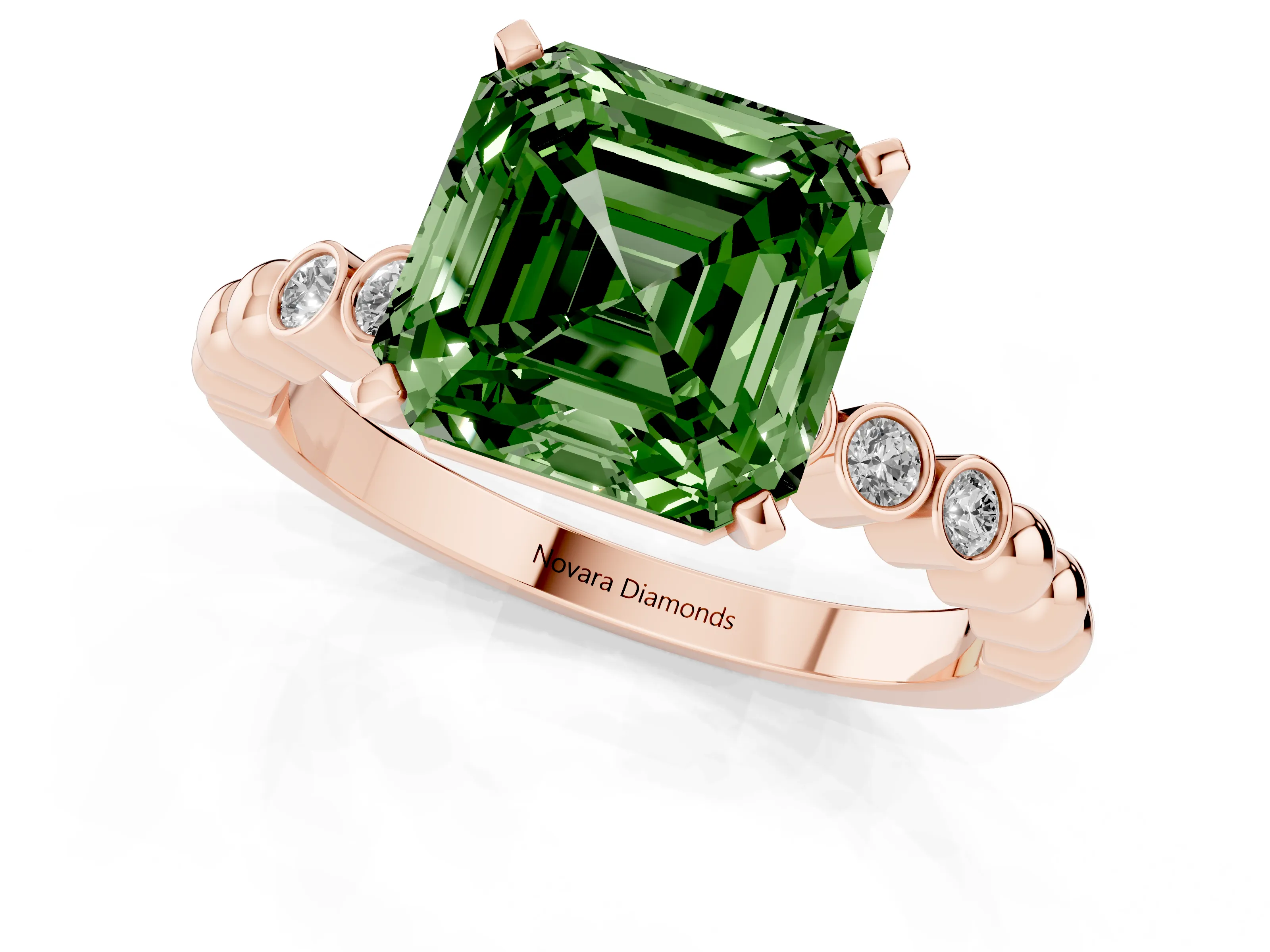 Fancy Green Asscher Cut Diamond Solitaire Engagement Ring Set in Rose gold with Bezel Accents on Beaded Band – second view