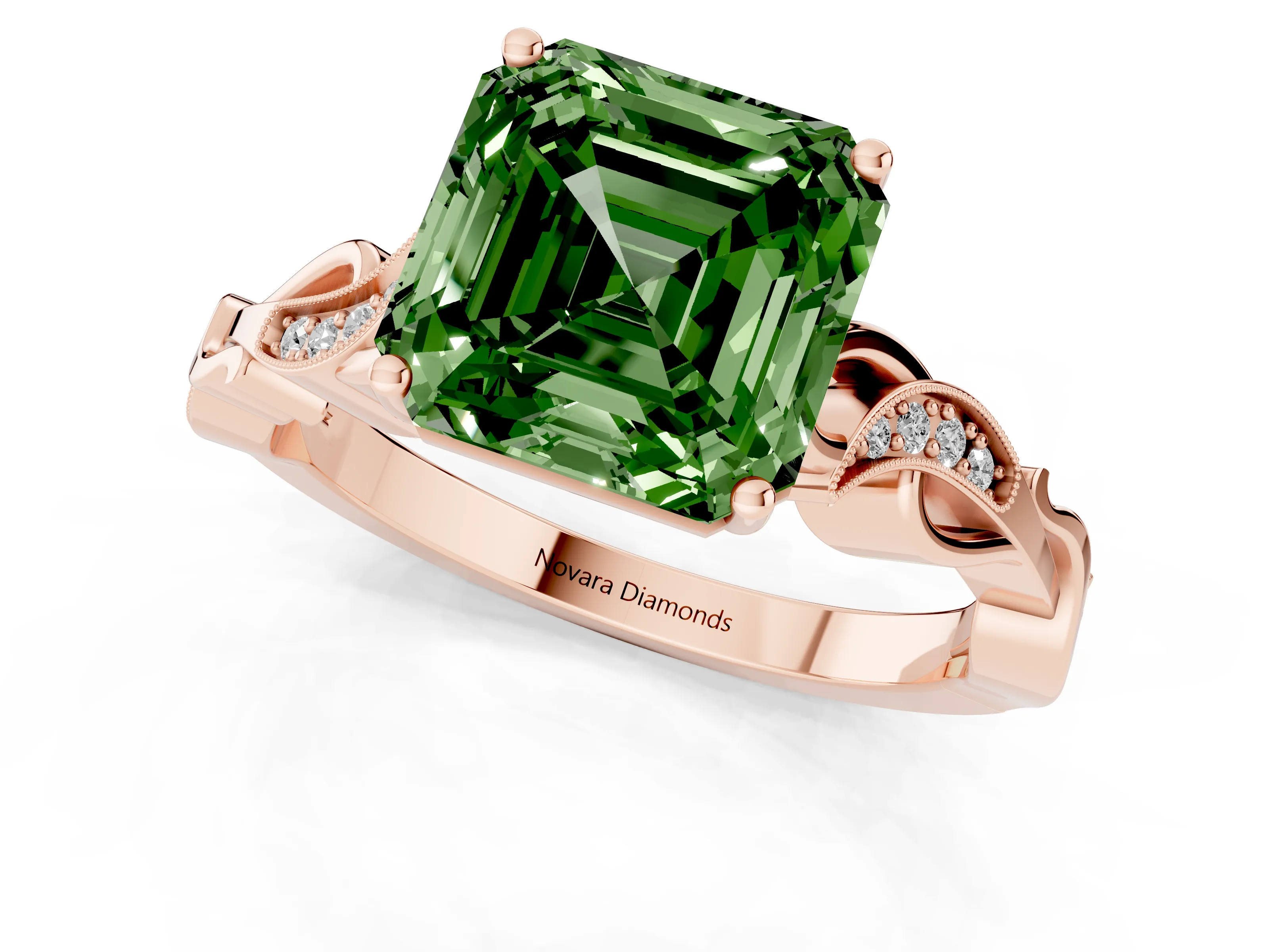 Fancy Green Asscher Cut Diamond Vine Band Solitaire Ring Set in Rose gold with Milgrain Prong Setting