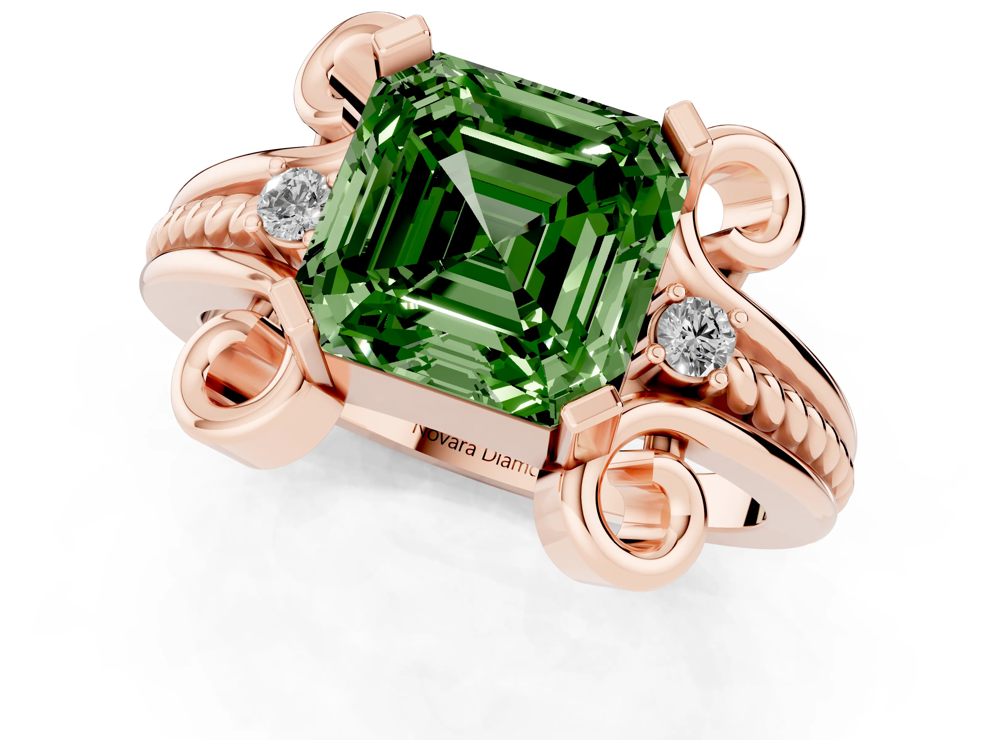 Fancy Green Asscher Cut Diamond Twisted Band Solitaire Ring Set in Rose gold with Scroll Prongs