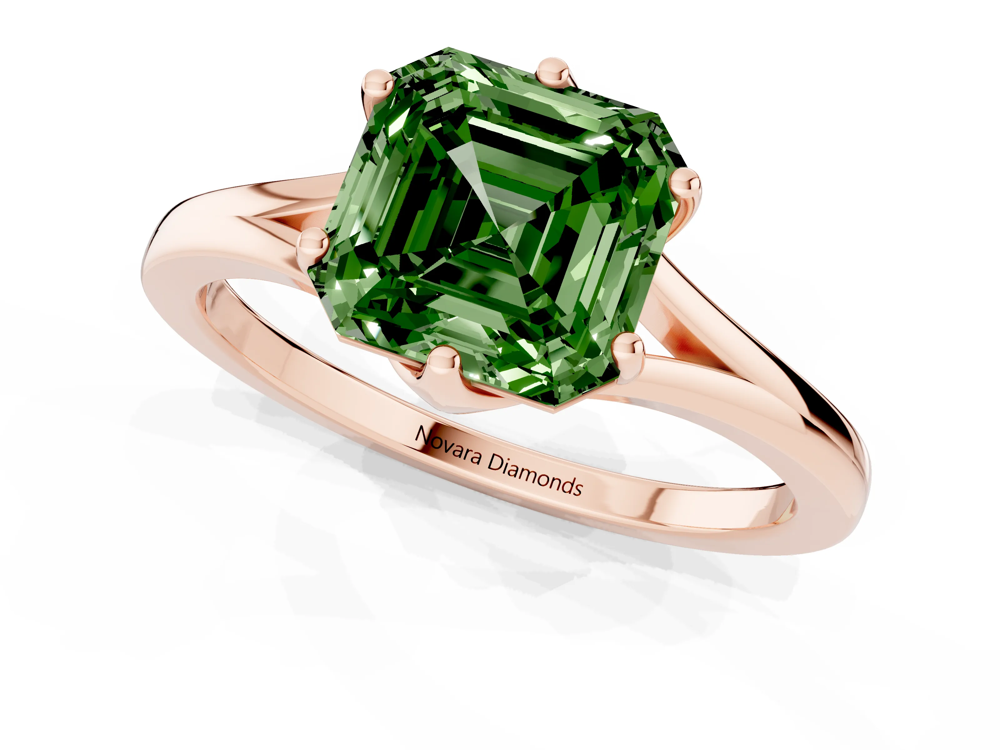 Fancy Green Asscher Cut Diamond Solitaire Ring Set in Rose gold with Polished Tapered Band and Prong Setting