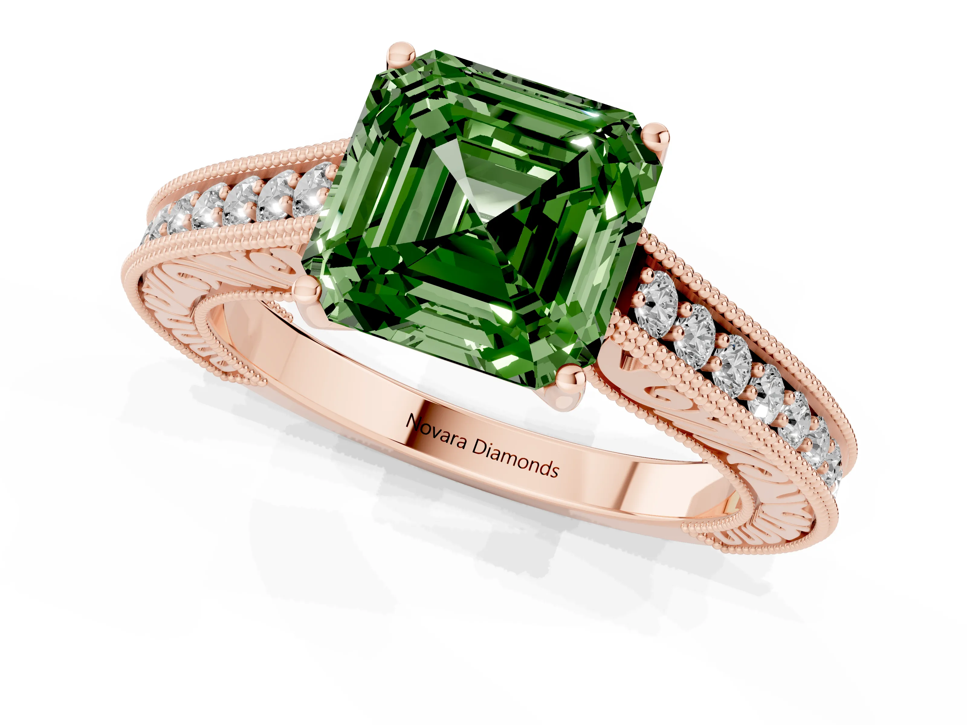 Fancy Green Asscher Cut Diamond Milgrain Pavé Band Solitaire Ring Set in Rose gold with Prong Setting