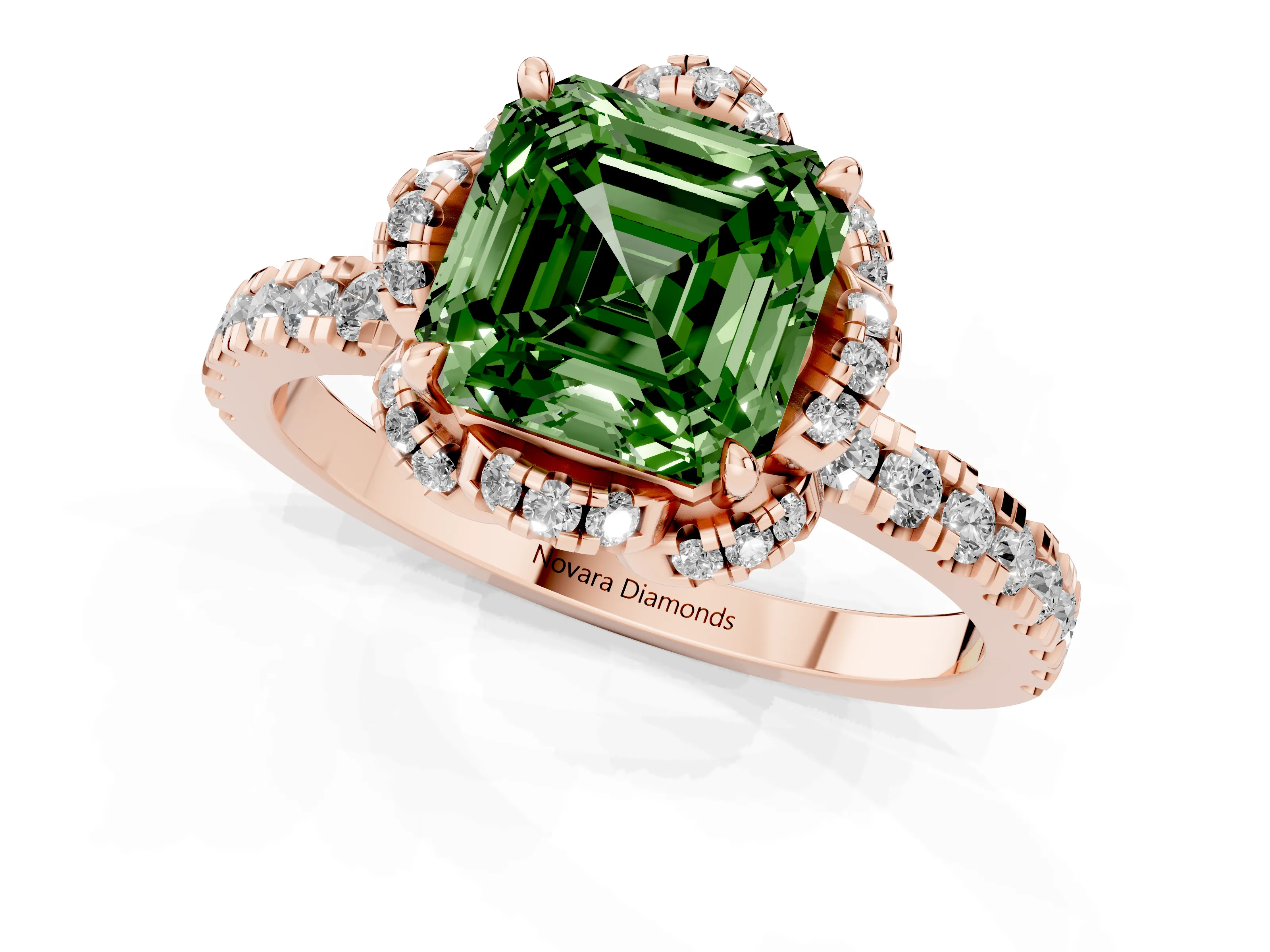 Fancy Green Asscher Cut Diamond Halo Pavé Ring Set in Rose gold with Prong-Held Center Stone