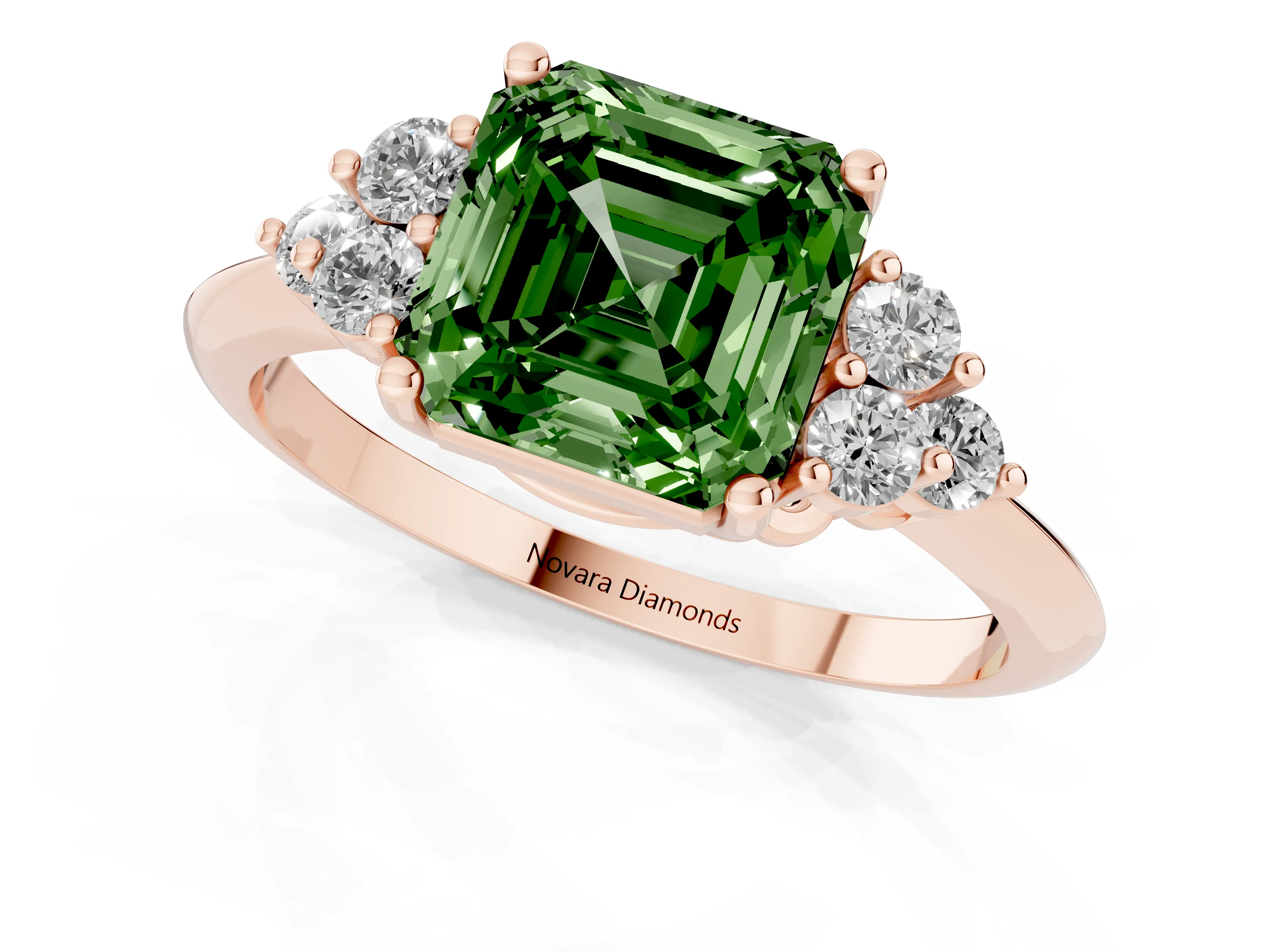 Fancy Green Asscher Cut Diamond Cluster Ring Set in Rose gold with Plain Band and Prong Setting